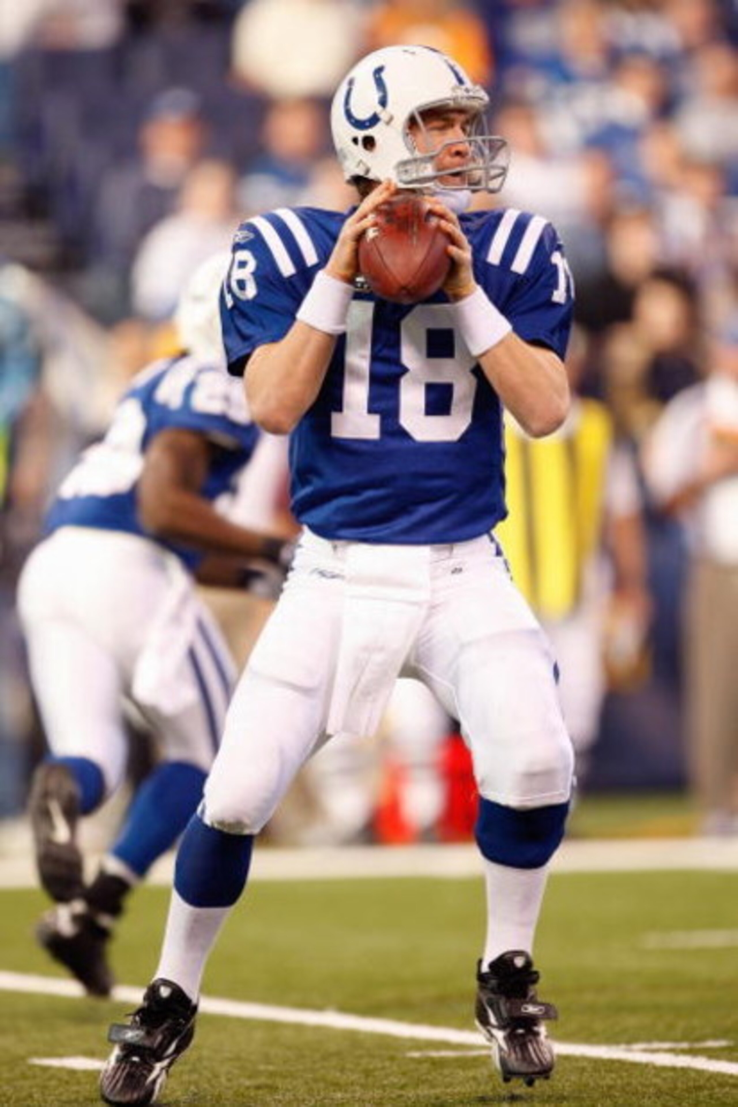INDIANAPOLIS - DECEMBER 28:  Peyton Manning #18 of the Indianapolis Colts looks to pass the ball during the game against the Tennessee Titans on December 28, 2008 at Lucas Oil Stadium in Indianapolis, Indiana. (Photo by: Jamie Squire/Getty Images)