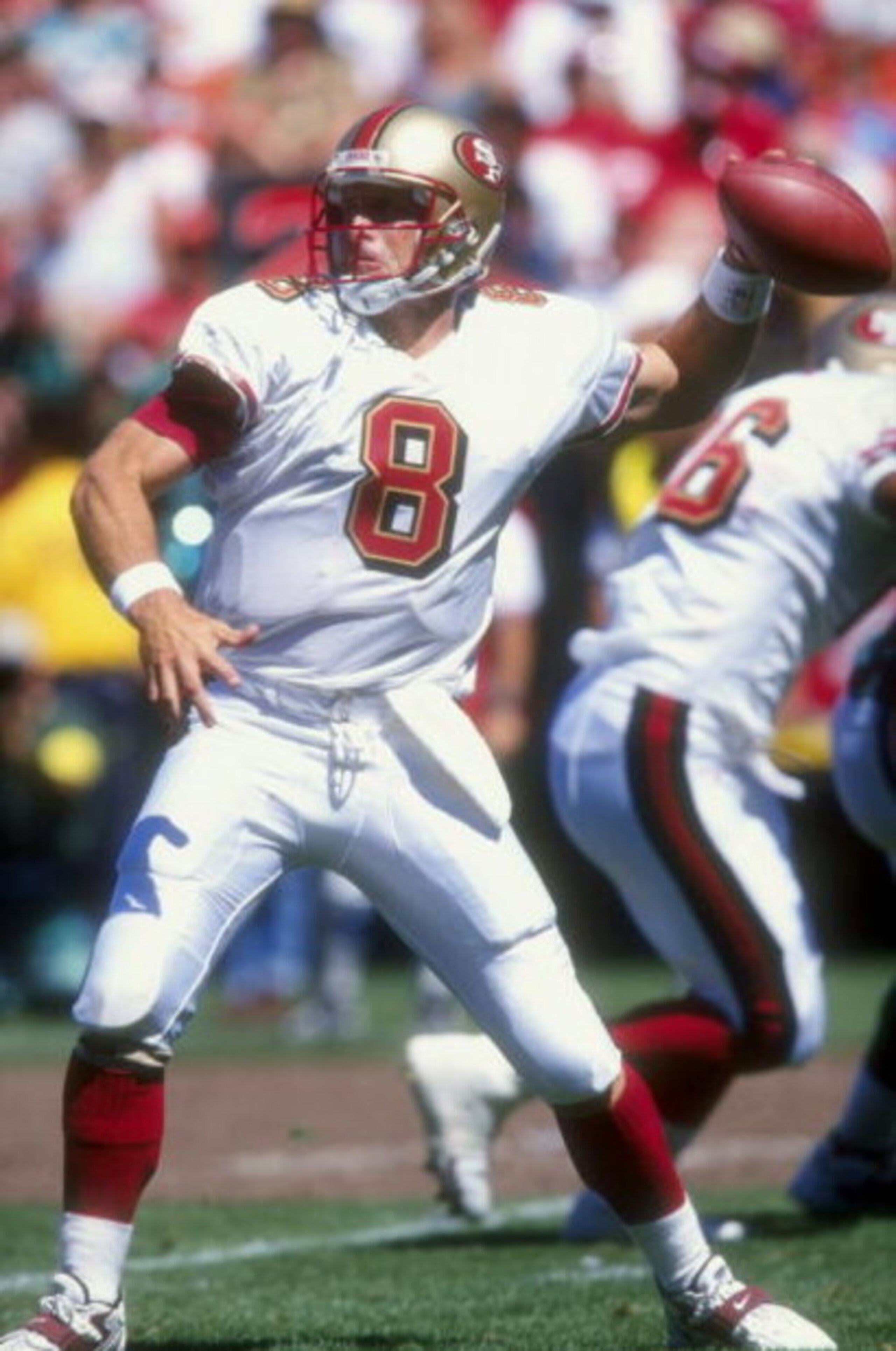 23 Aug 1998:  Quarterback Steve Young #8 of the San Francisco 49ers  in action during the pre-season game against the Miami Dolphins at the 3Com Park in San Francisco, California. The Dolphins defeated the 49ers 21-20.