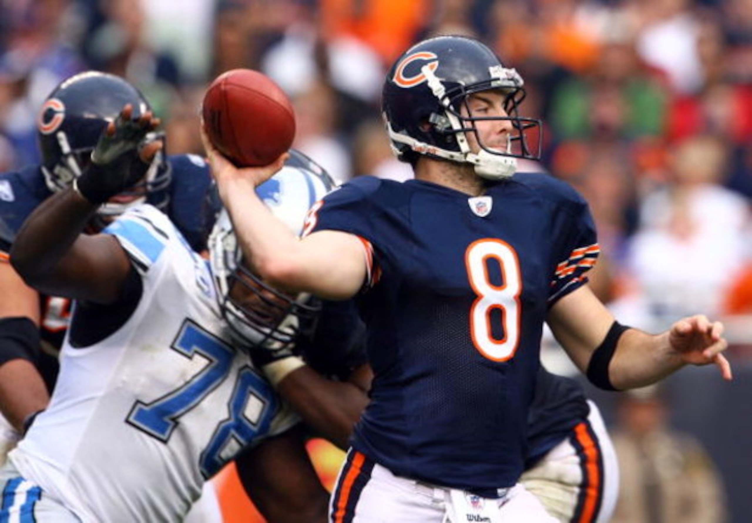 CHICAGO - NOVEMBER 02: Quarterback Rex Grossman #8 of the Chicago Bears drops back to pass against the Detroit Lions during the fourth quarter at Soldier Field on November 2, 2008 in Chicago, Illinois. The Bears defeated the Lions 27-23. (Photo by Jeff CHICAGO - NOVEMBER 02: Quarterback Rex Grossman #8 of the Chicago Bears drops back to pass against the Detroit Lions during the fourth quarter at Soldier Field on November 2, 2008 in Chicago, Illinois. The Bears defeated the Lions 27-23. (Photo by Jeff