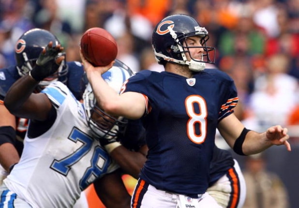 CHICAGO - NOVEMBER 02:  Quarterback Rex Grossman #8 of the Chicago Bears drops back to pass against the Detroit Lions during the fourth quarter at Soldier Field on November 2, 2008 in Chicago, Illinois. The Bears defeated the Lions 27-23.  (Photo by Jeff 