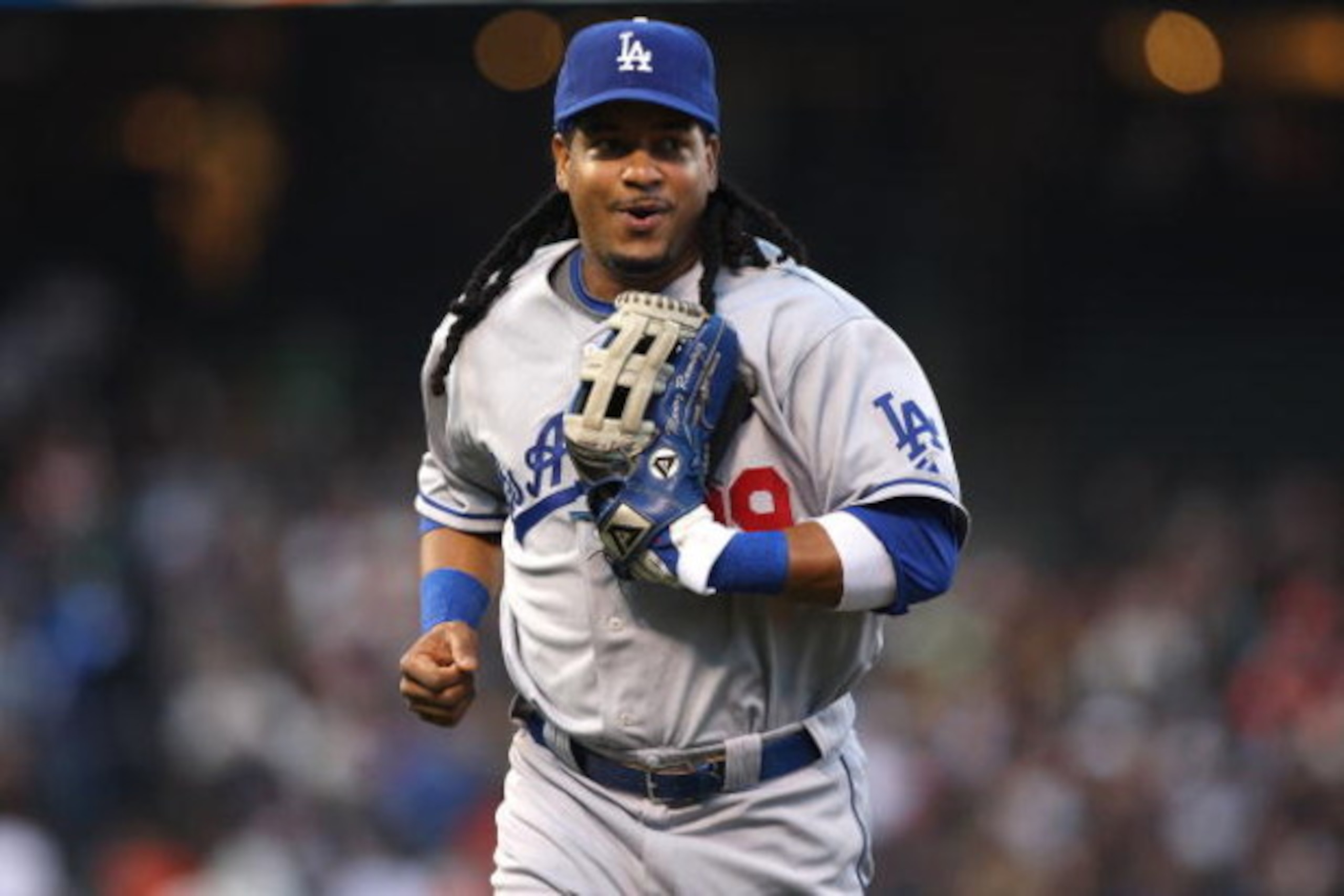 SAN FRANCISCO - AUGUST 10:  Manny Ramirez #99 of the Los Angeles Dodgers looks on against the San Francisco Giants during a Major League Baseball game at AT&T Park on August 10, 2009 in San Francisco, California. (Photo by Jed Jacobsohn/Getty Images)