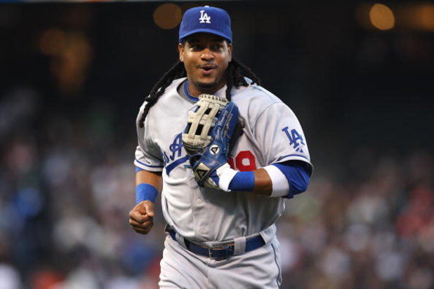 SAN FRANCISCO - AUGUST 10:  Manny Ramirez #99 of the Los Angeles Dodgers looks on against the San Francisco Giants during a Major League Baseball game at AT&T Park on August 10, 2009 in San Francisco, California. (Photo by Jed Jacobsohn/Getty Images)