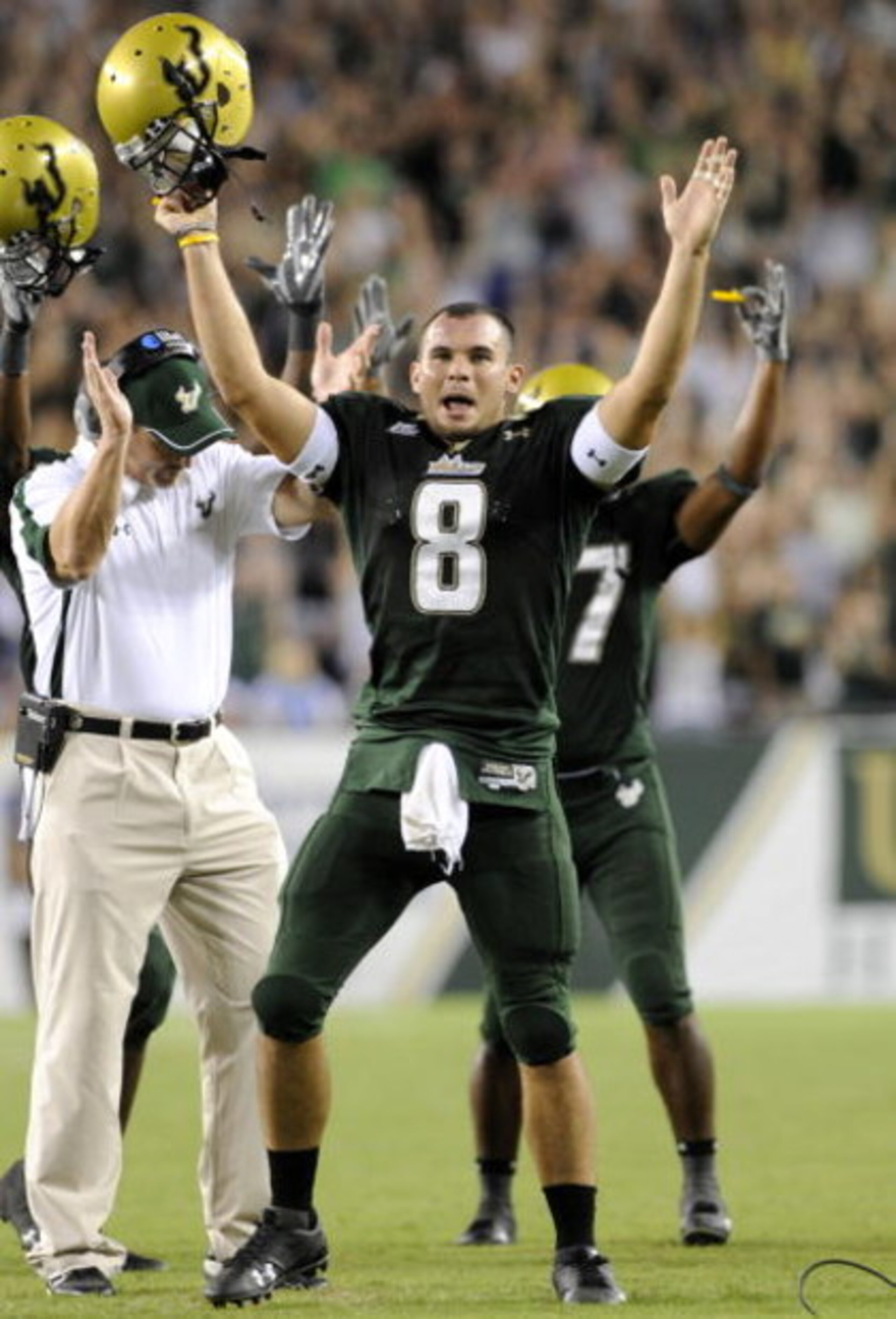 TAMPA, FL - SEPTEMBER 12: Quarterback Matt Grothe #8 of the University of South Florida Bulls celebrates a touchdown against the Kansas University Jayhawks at Raymond James Stadium on September 12, 2008 in Tampa, Florida.  (Photo by Al Messerschmidt/Getty