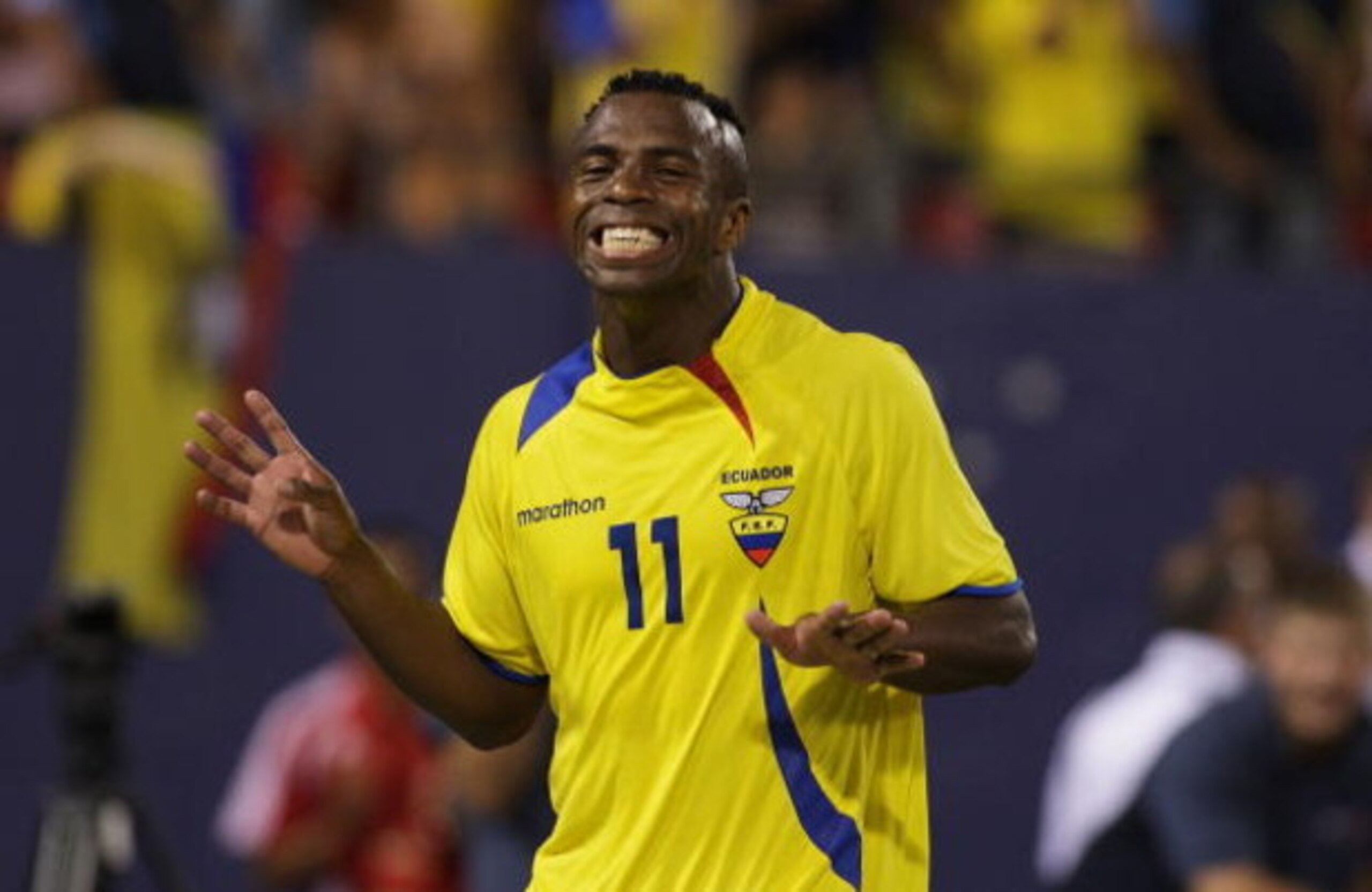 EAST RUTHERFORD, NJ - AUGUST 20:  Christian Benitez #11 of Ecuador reacts after scoring a goal in minute 40 of the game against Colombia at Giants Stadium in the Meadowlands on August 20, 2008 in East Rutherford, New Jersey  Ecuador won 1-0 (Photo by Mike