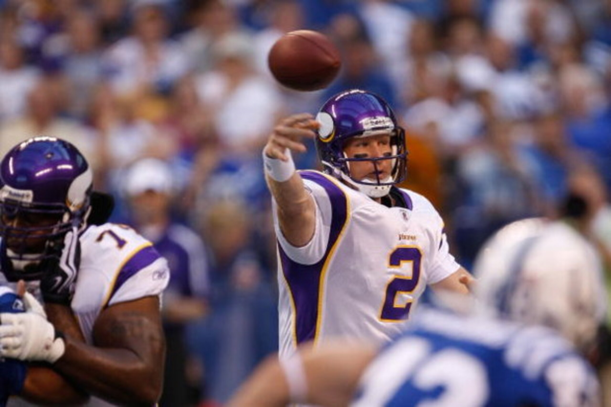 INDIANAPOLIS, IN - AUGUST 14: Quarterback Sage Rosenfels #2 of the Minnesota Vikings passes the football against the Indianapolis Colts at Lucas Oil Stadium on August 14, 2009 in Indianapolis, Indiana. (Photo by Scott Boehm/Getty Images)