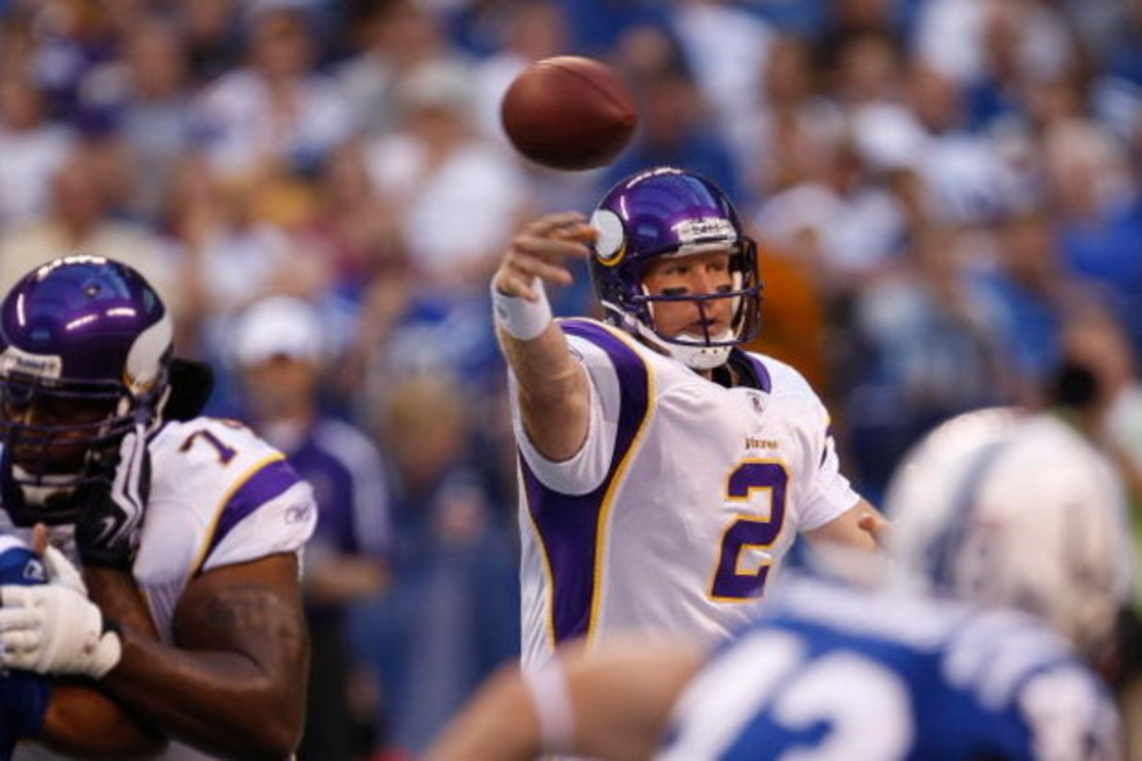 INDIANAPOLIS, IN - AUGUST 14: Quarterback Sage Rosenfels #2 of the Minnesota Vikings passes the football against the Indianapolis Colts at Lucas Oil Stadium on August 14, 2009 in Indianapolis, Indiana. (Photo by Scott Boehm/Getty Images)
