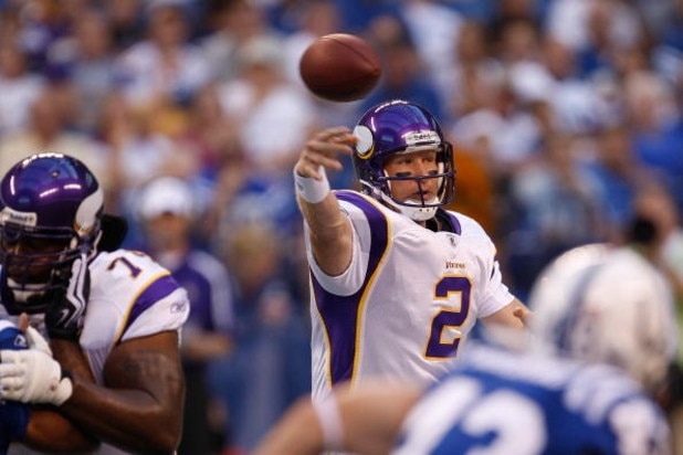 INDIANAPOLIS, IN - AUGUST 14: Quarterback Sage Rosenfels #2 of the Minnesota Vikings passes the football against the Indianapolis Colts at Lucas Oil Stadium on August 14, 2009 in Indianapolis, Indiana. (Photo by Scott Boehm/Getty Images)