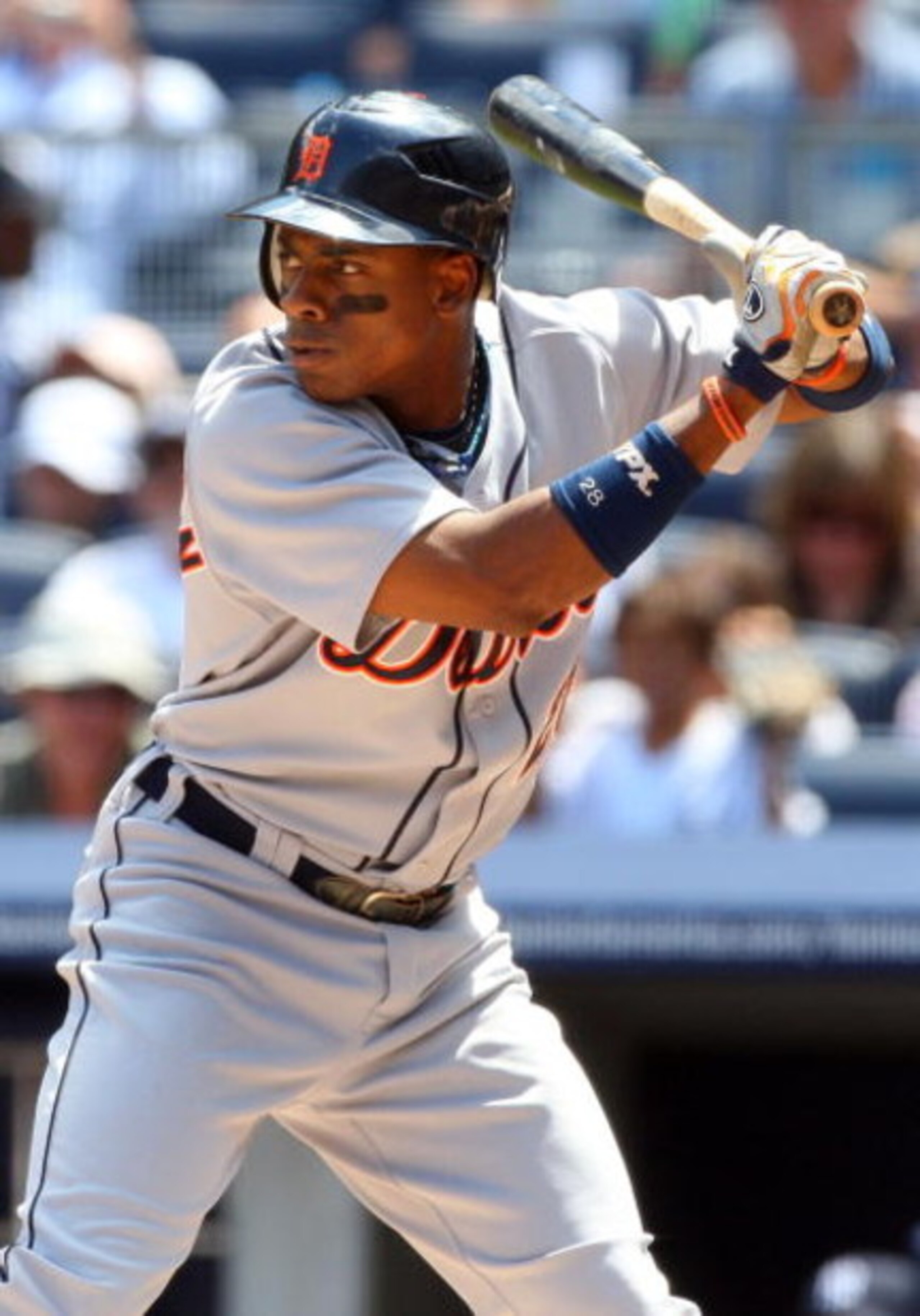 NEW YORK - JULY 19:  Curtis Granderson #28 of the Detroit Tigers bats against the New York Yankees on July 19, 2009 at Yankee Stadium in the Bronx borough of New York City.  (Photo by Jim McIsaac/Getty Images)