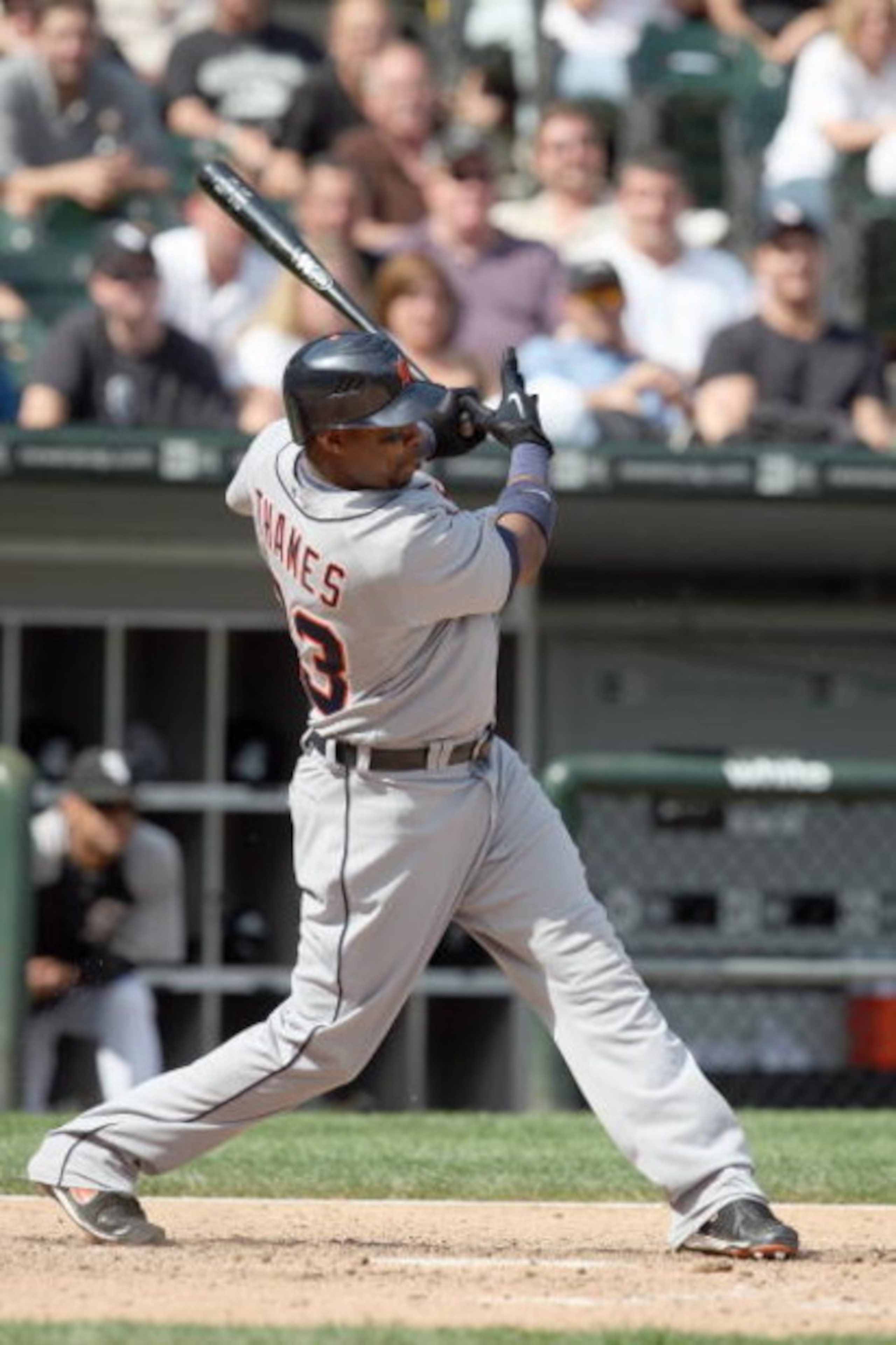 CHICAGO - JUNE 08:  Marcus Thames #33 of the Detroit Tigers swings at the pitch against the Chicago White Sox on June 8, 2009 at U.S. Cellular Field in Chicago, Illinois. (Photo by Jonathan Daniel/Getty Images) 