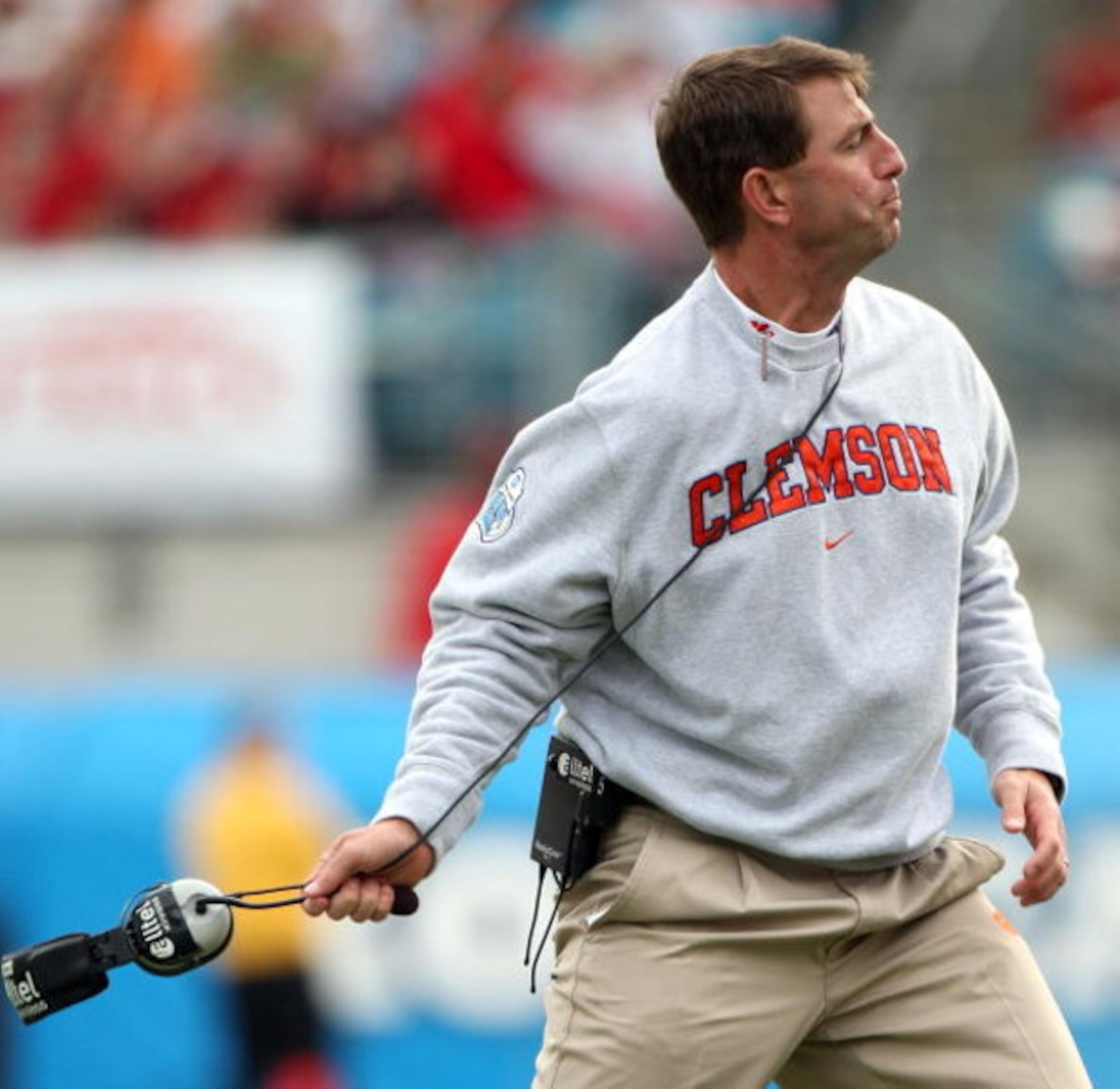 JACKSONVILLE, FL - JANUARY 1:  Head coach Dabo Swinney of the Clemson Tigers throws his headset during the Konica Minolta Gator Bowl against the Nebraska Cornhuskers at Jacksonville Municipal Stadium January 1, 2009 in Jacksonville, Florida.  (Photo by Sa