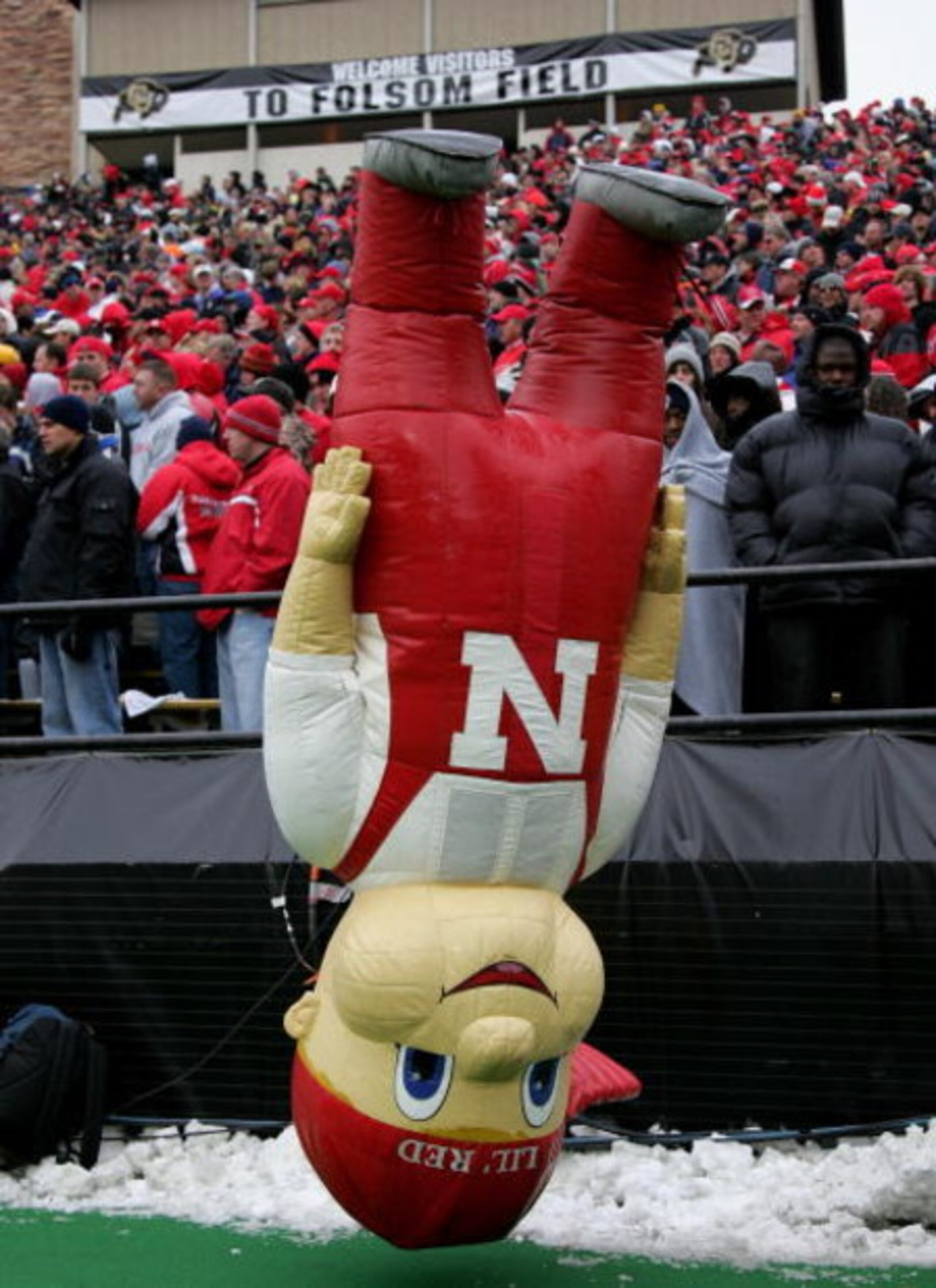 BOULDER, CO - NOVEMBER 23:  Mascot Lil' Red was turned upside down as the Nebraska Cornhuskers were defeated by the Colorado Buffaloes during Big 12 College Football action at Folsom Field on November 23, 2007 in Boulder, Colorado. Colorado defeated Nebra