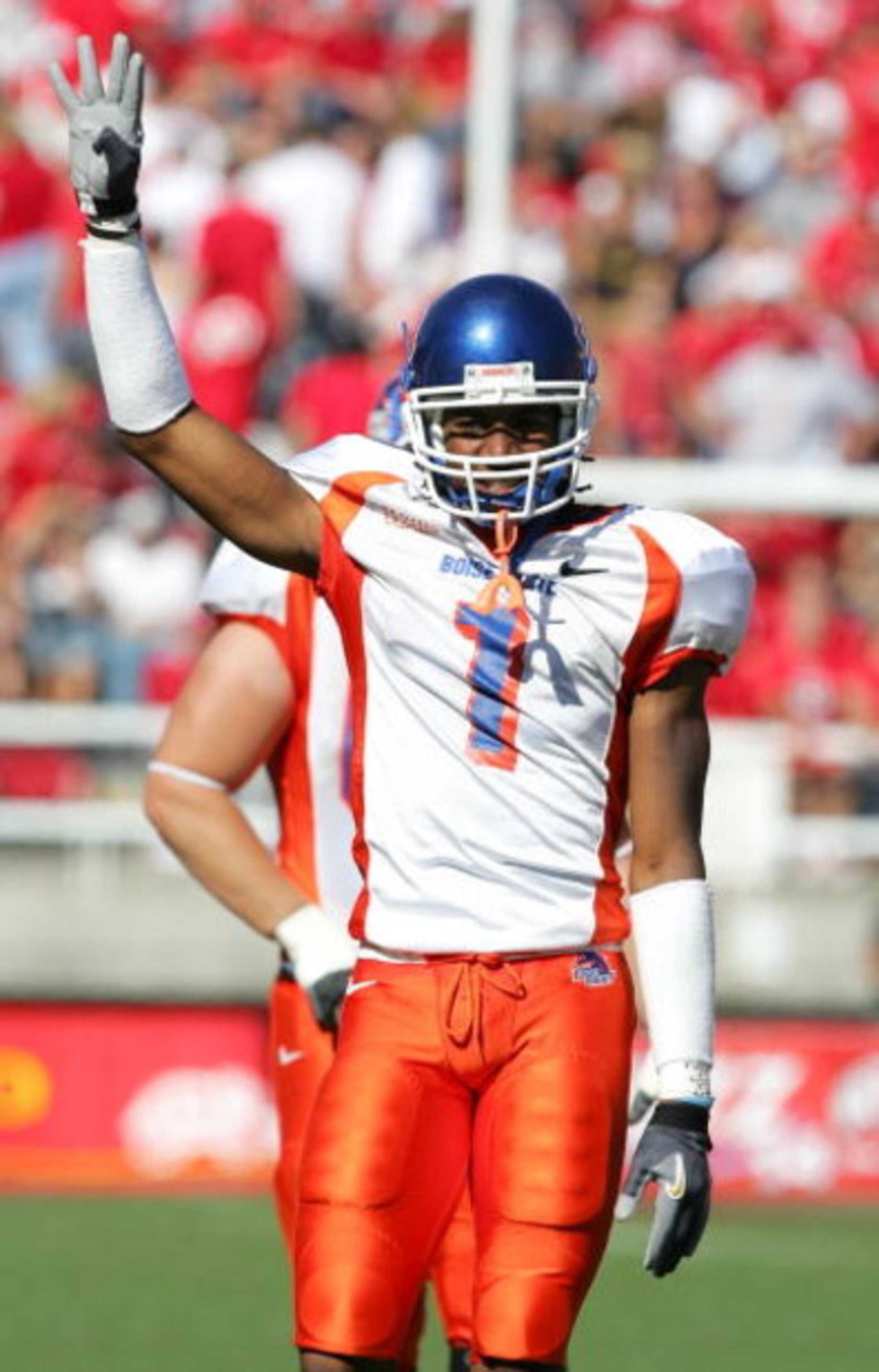 SALT LAKE CITY - SEPTEMBER 30:  Jerard Rabb #1 of the Boise State Broncos celebrates the win, bringing their record to 5-0 for the season, against the Utah Utes at Rice-Eccles Stadium on September 30, 2006 in Salt Lake City, Utah. The Broncos of Boise Sta