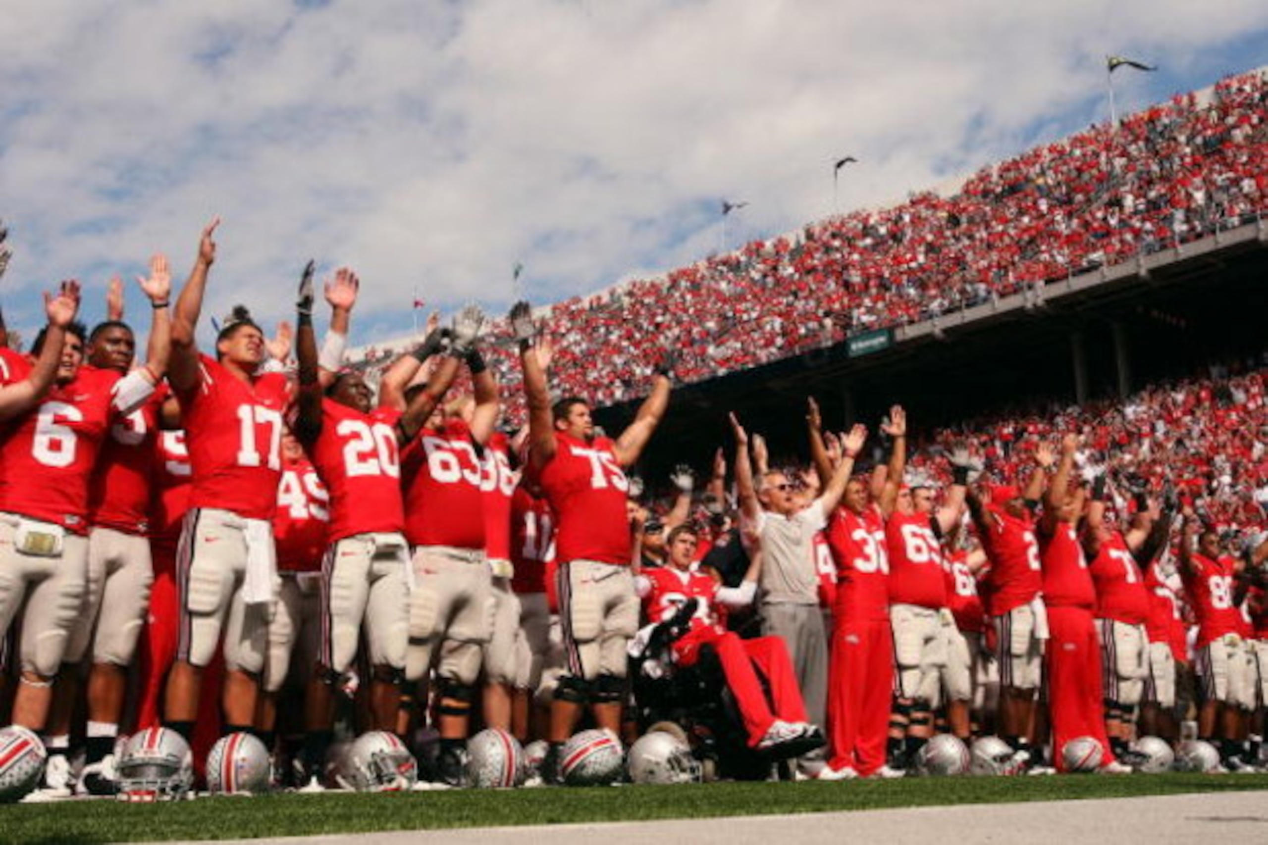 COLUMBUS, OH - SEPTEMBER 27:  Ohio State Buckeyes' head coach Jim Tressel leads his team in the singing of the school's alma mater, Carmen Ohio, after the Buckeyes defeated the Minnesota Golden Gophers 34-21 on September 27, 2008 at Ohio Stadium in Columb