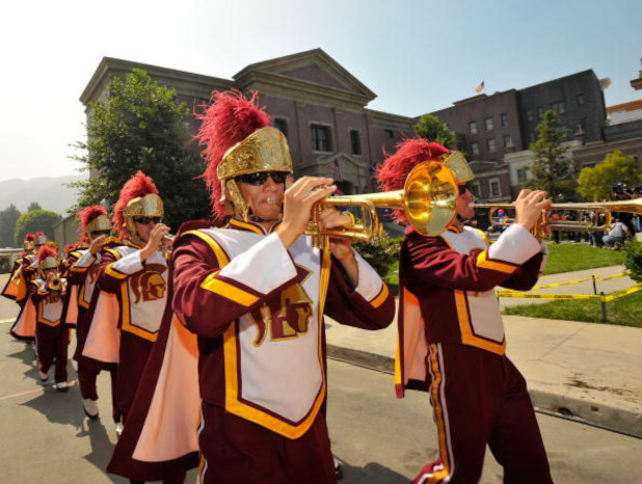 UNIVERSAL CITY, CA - JUNE 18:  The USC marching band performs at celebration of the re-opening of Courthouse Square at Universal Studios Hollywood on June 18, 2009 in Universal City, California. Courthouse Square has been fully restored following a four a