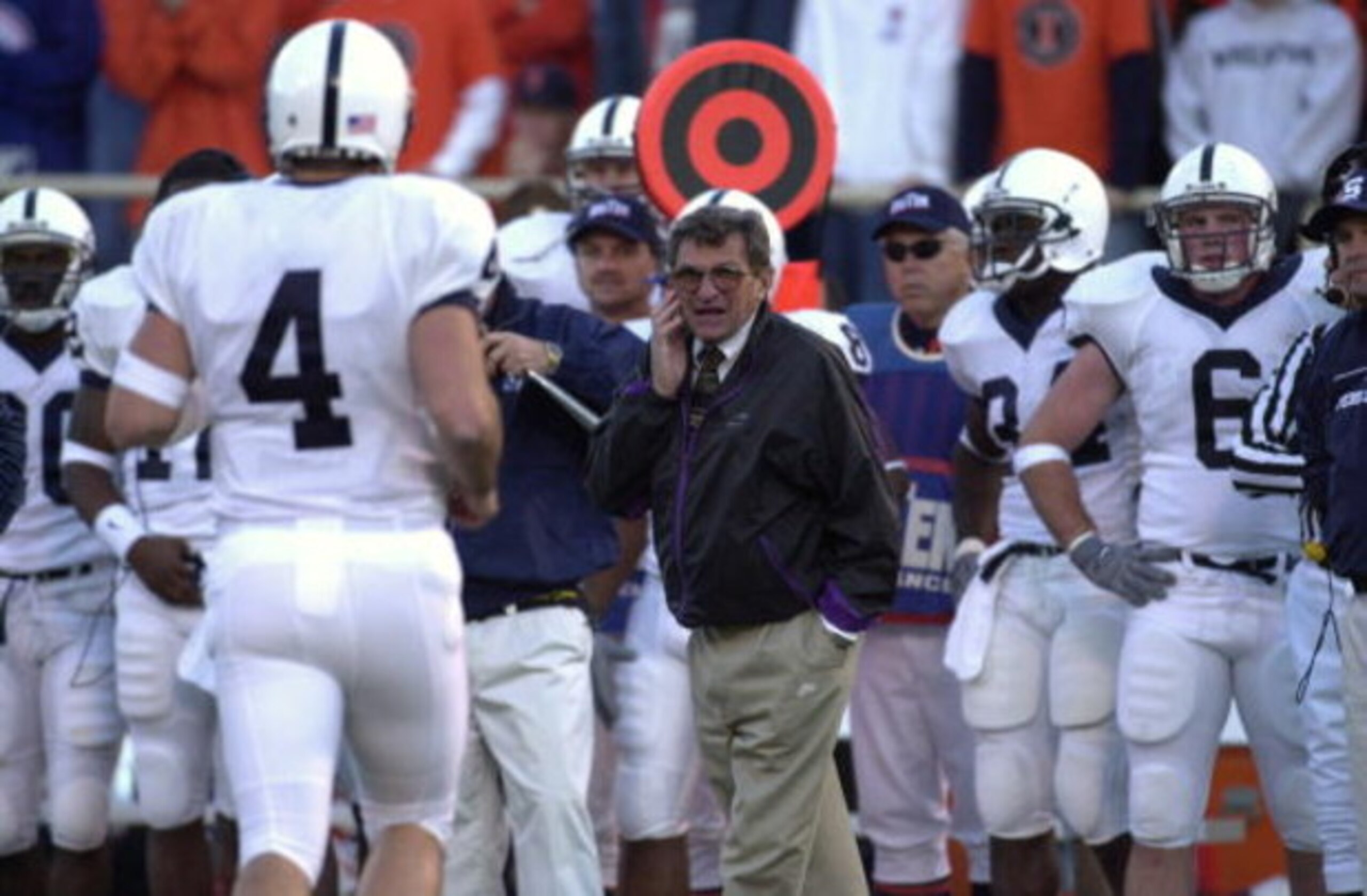 10 Nov 2001: Head coach Joe Paterno of Penn State shouts instructions to quarterback Matt Senneca #4 of Penn State in action at Memorial Stadium in Champaign, IL. Illinois defeated Penn State 33-28. DIGITAL IMAGE Mandatory Credit: Jonathan Daniel/ALLSPORT