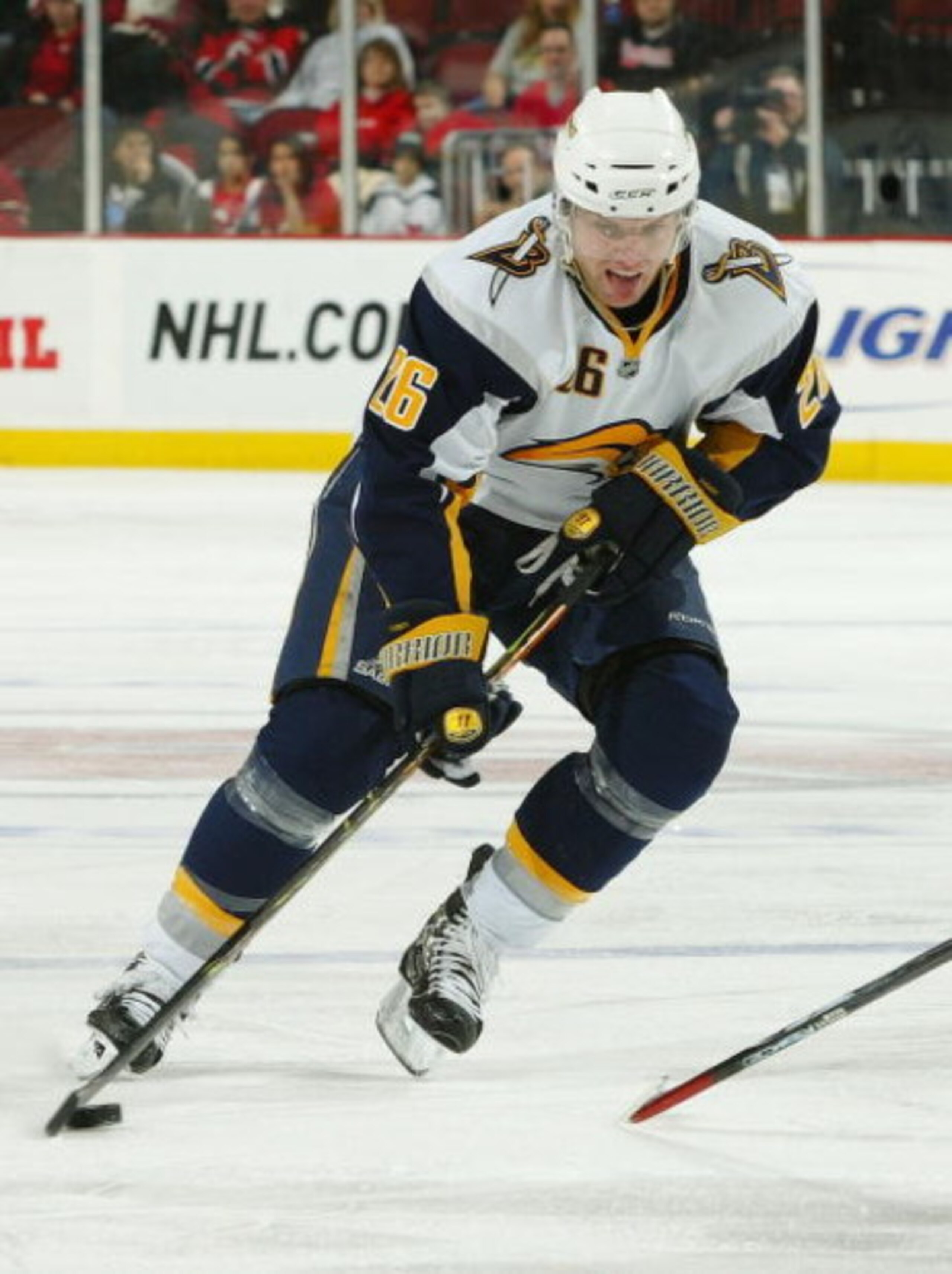 NEWARK, NJ - DECEMBER 13:  Thomas Vanek #26 of the Buffalo Sabres skates against the New Jersey Devils at the Prudential Center on December 13, 2008 in Newark, New Jersey. The Sabres defeated the Devils 4-2.  (Photo by Mike Stobe/Getty Images)