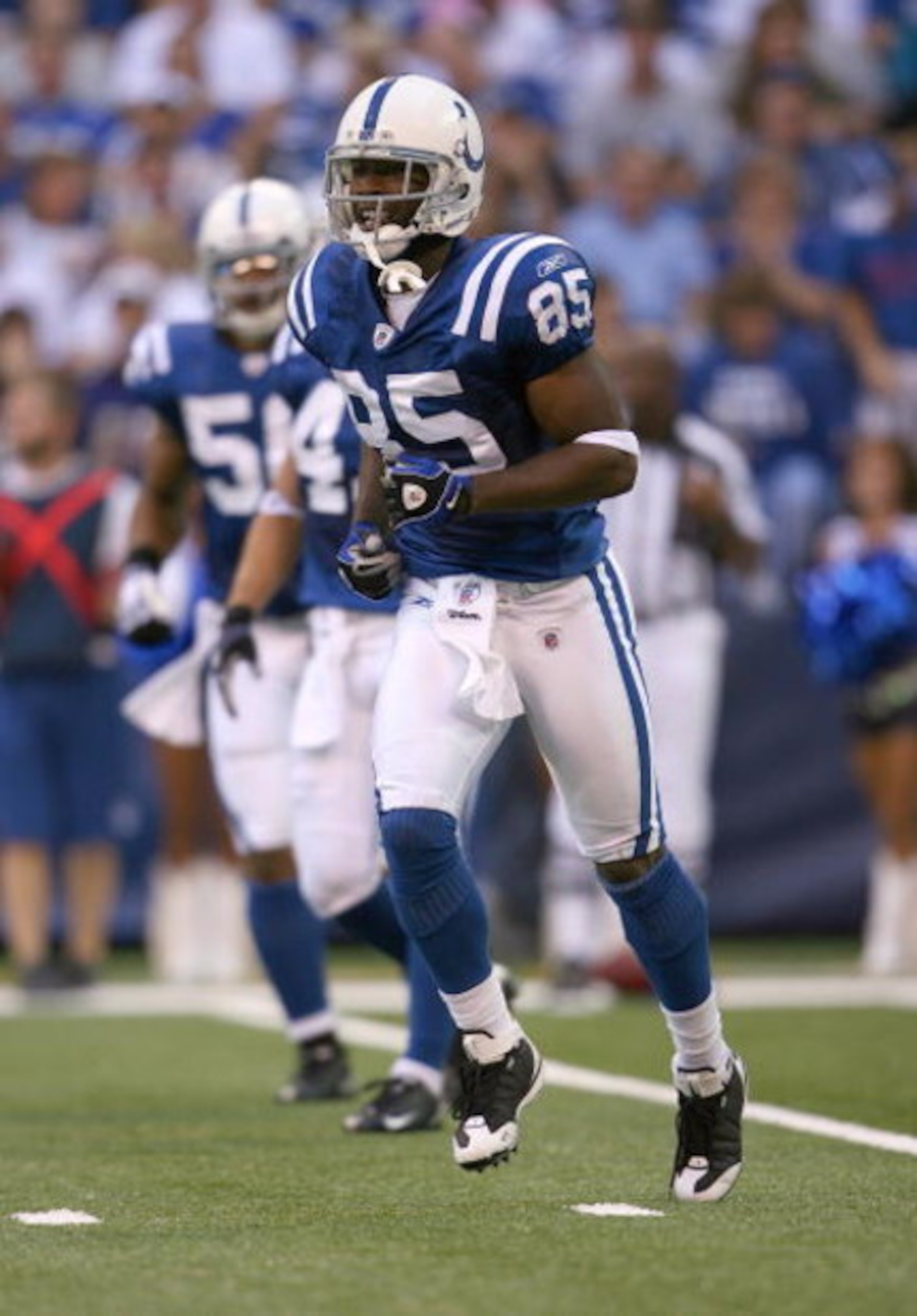 INDIANAPOLIS - OCTOBER 12:  Pierre Garcon #85 of the Indianapolis Colts jogs on the field during the NFL game against the Baltimore Ravens at Lucas Oil Stadium on October 12, 2008 in Indianapolis, Indiana. The Colts defeated the Ravens 31-3. (Photo by And