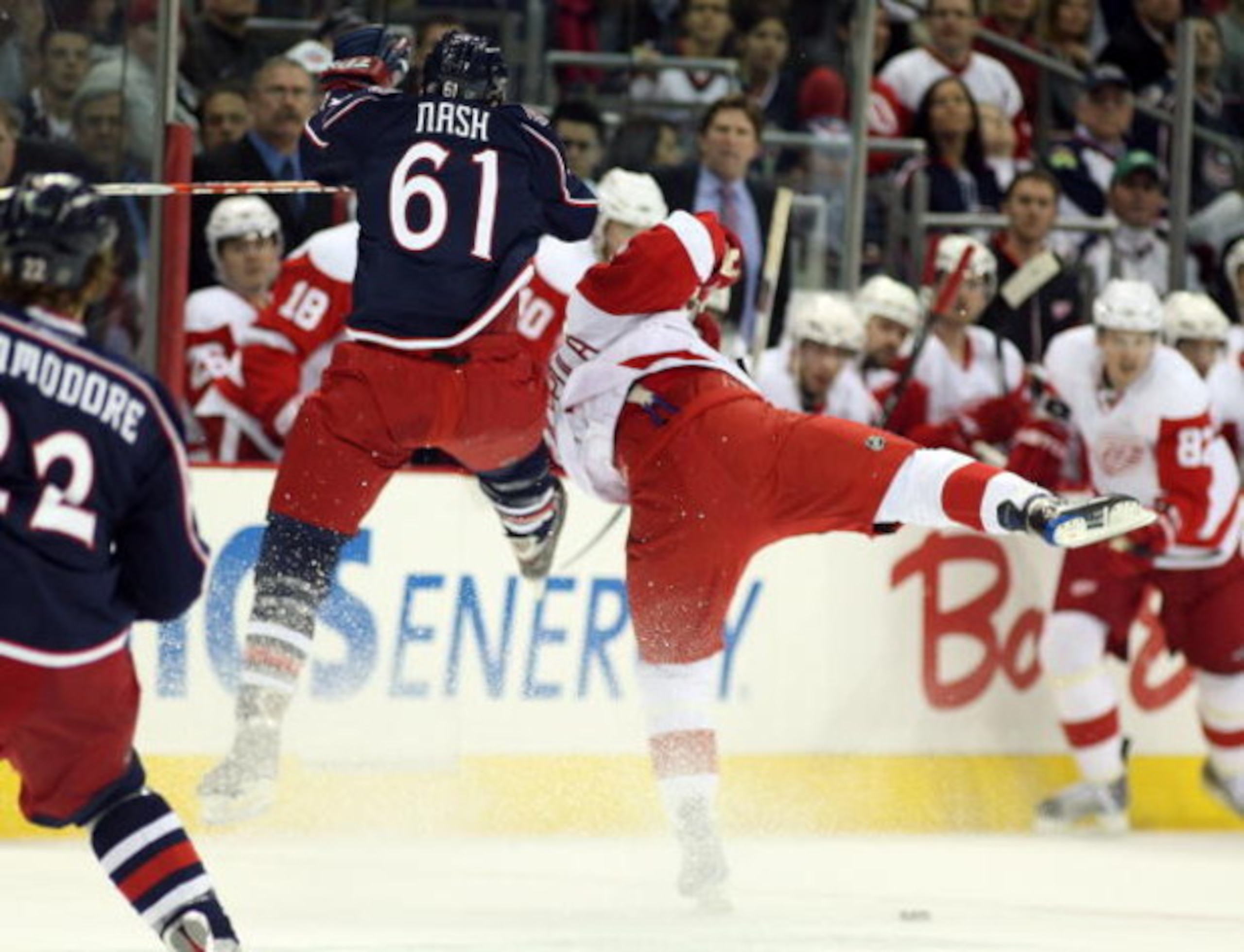 COLUMBUS, OH - APRIL 23:  Rick Nash #61 of the Columbus Blue Jackets collides with Valtteri Filppula #51 of the Detroit Red Wings during Game Four of the Western Conference Quarterfinals of the 2009 Stanley Cup Playoffs on April 23, 2009 at the Nationwide
