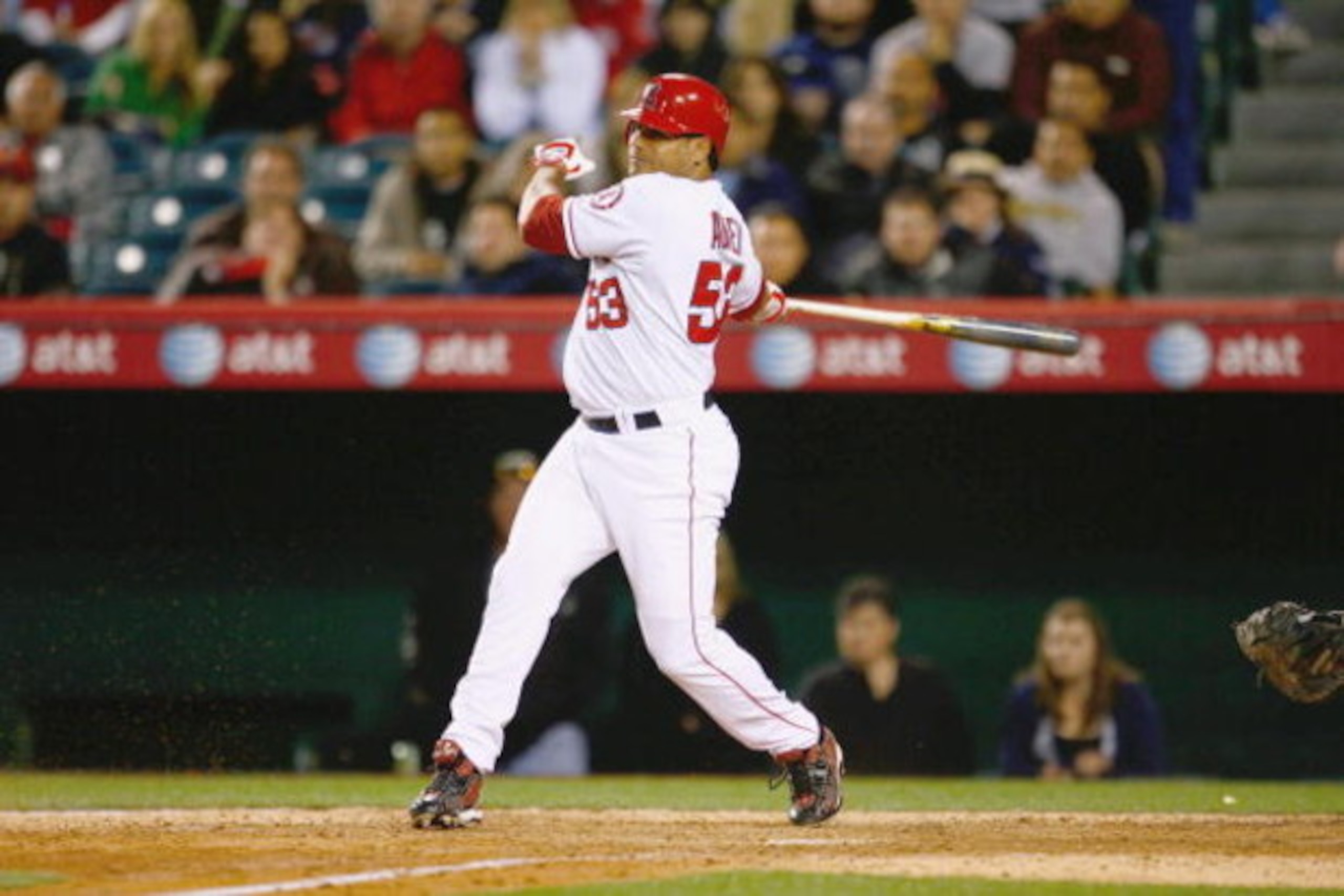 ANAHEIM, CA - APRIL 08: Bobby Abreu #53 of the Los Angeles Angels of Anaheim swings at a pitch against the Oakland Athletics at Angel Stadium on April 8, 2009 in Anaheim, California. The Athletics defeated the Angels 6-4. (Photo by Jeff Gross/Getty Imag ANAHEIM, CA - APRIL 08: Bobby Abreu #53 of the Los Angeles Angels of Anaheim swings at a pitch against the Oakland Athletics at Angel Stadium on April 8, 2009 in Anaheim, California. The Athletics defeated the Angels 6-4. (Photo by Jeff Gross/Getty Imag