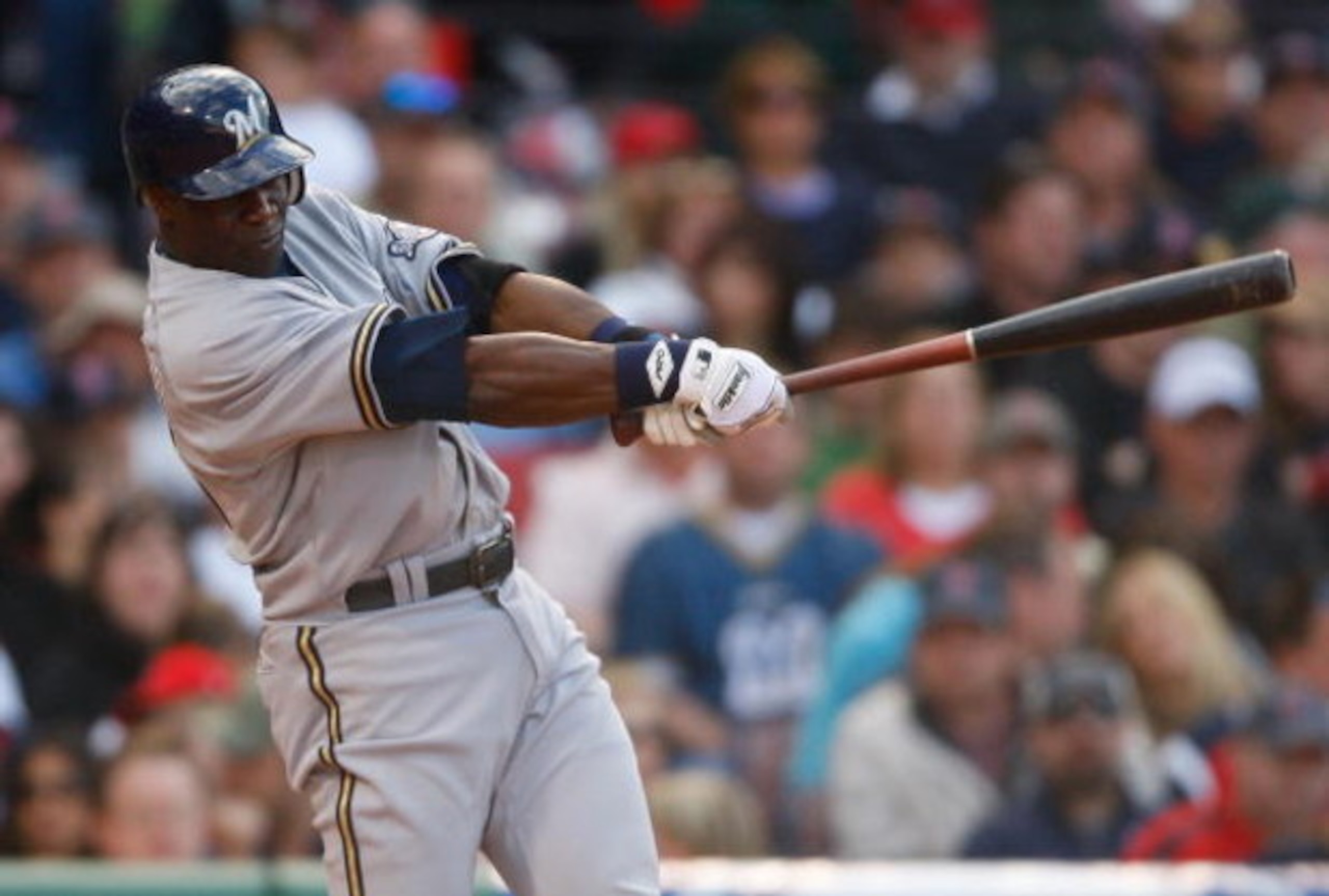 BOSTON - MAY 17: Mike Cameron #25 of the Milwaukee Brewers connects for a two-run home run against the Boston Red Sox at Fenway Park on May 17, 2008 in Boston, Massachusetts. (Photo by Jim Rogash/Getty Images) BOSTON - MAY 17: Mike Cameron #25 of the Milwaukee Brewers connects for a two-run home run against the Boston Red Sox at Fenway Park on May 17, 2008 in Boston, Massachusetts. (Photo by Jim Rogash/Getty Images)