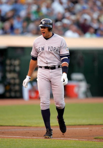 OAKLAND, CA - AUGUST 18:  Alex Rodriguez #13 of the New York Yankees reacts after being hit by a pitch thrown by Vin Mazzaro #54 of the Oakland Athletics during their game at the Oakland Colisuem on August 18, 2009 in Oakland, California.  (Photo by Ezra 