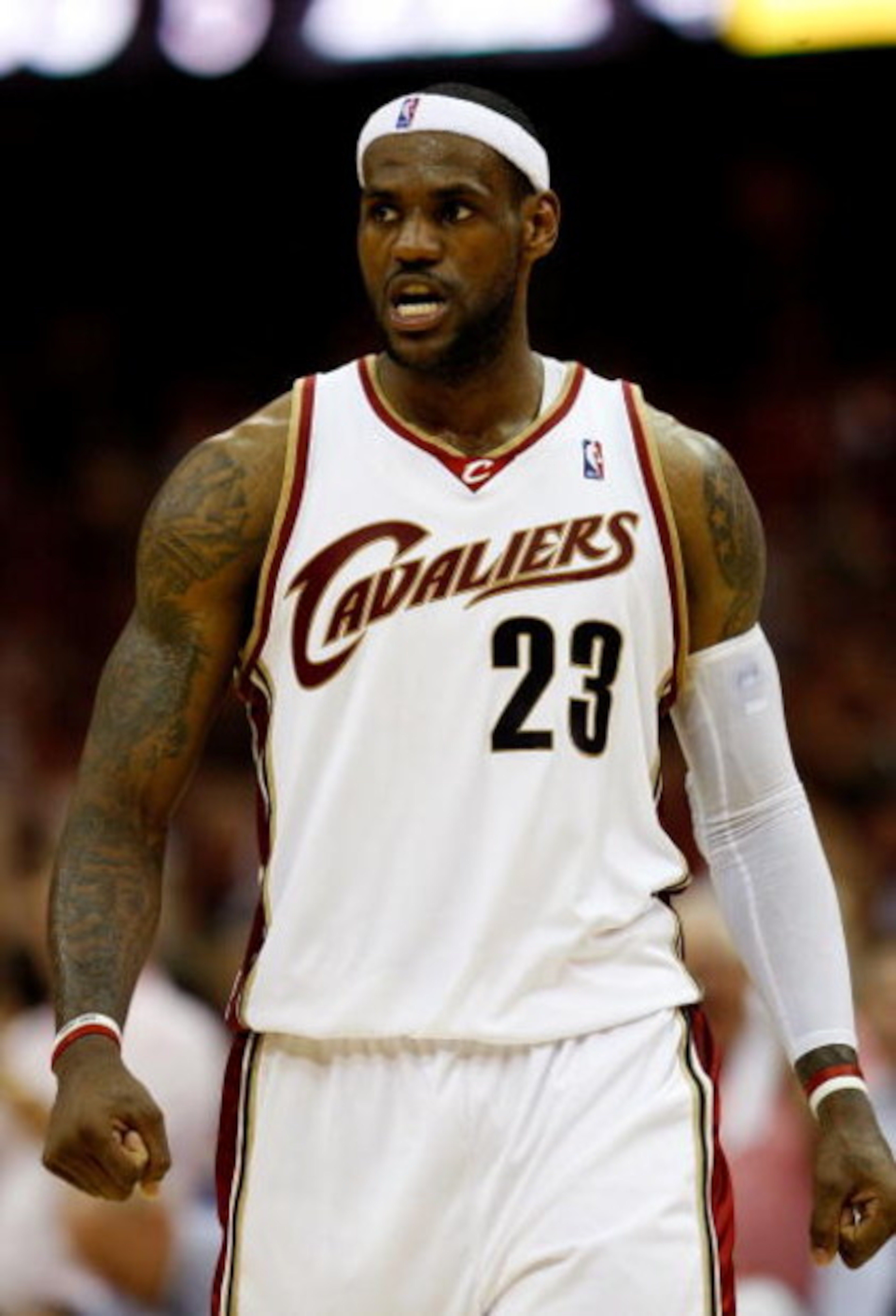 CLEVELAND - MAY 28:  LeBron James #23 of the Cleveland Cavaliers looks on between plays against the Orlando Magic in Game Five of the Eastern Conference Finals during the 2009 Playoffs at Quicken Loans Arena on May 28, 2009 in Cleveland, Ohio. NOTE TO USE