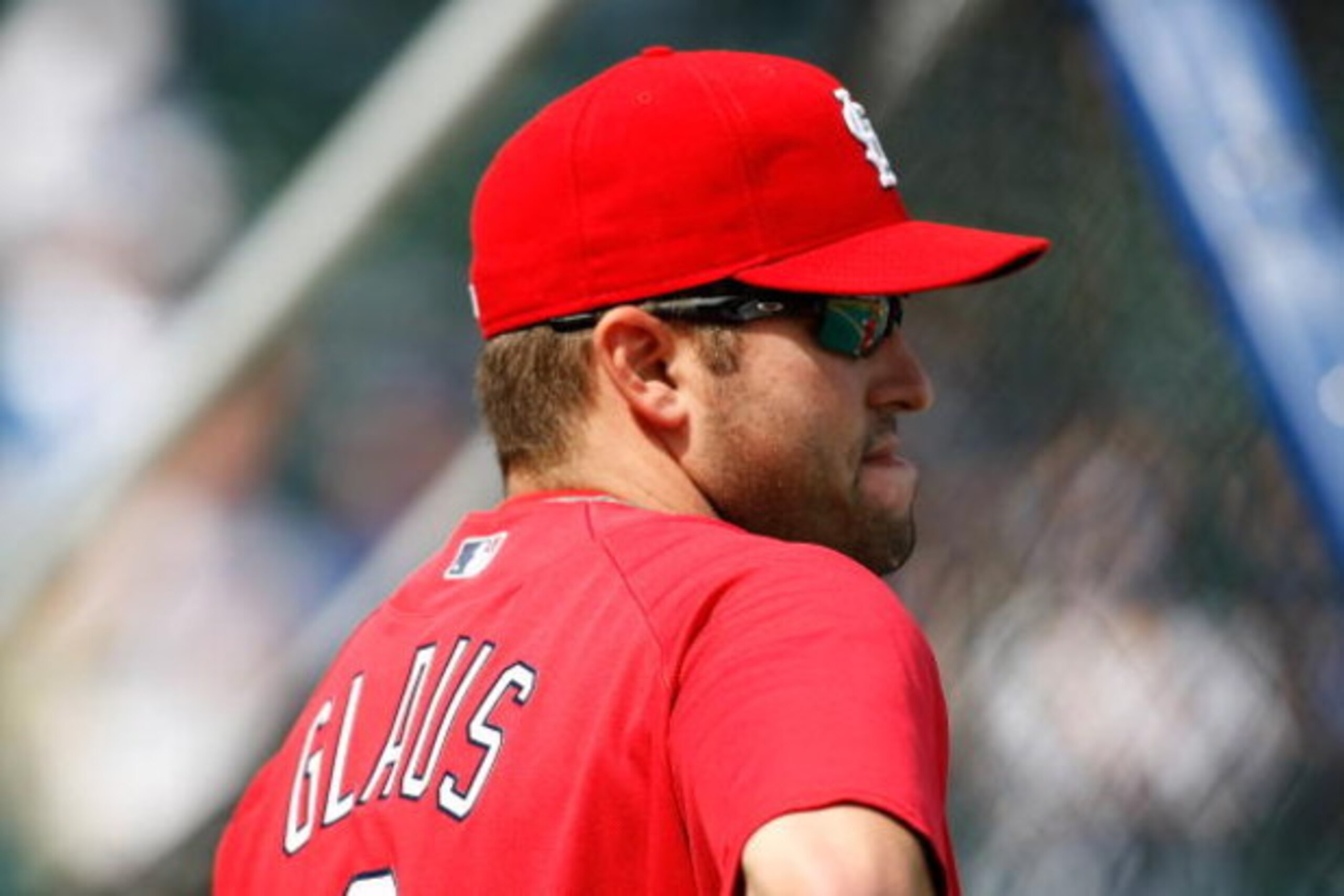 CHICAGO, IL - SEPTEMBER 19: Third baseman Troy Glaus #8 of the St. Louis Cardinals watches batting practice prior to the game against the Chicago Cubs at Wrigley Field on September 19, 2008 in Chicago, Illinois. (Photo by Scott Boehm/Getty Images)
