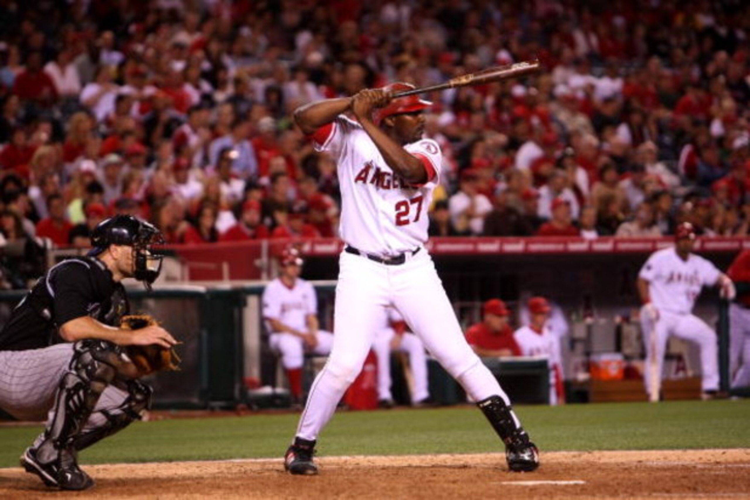 ANAHEIM, CA - JUNE 23:  Vladimir Guerrero #27 of the Los Angeles Angels of Anaheim bats against the Colorado Rockies on June 23, 2009 at Angel Stadium in Anaheim, California.  The Angels won 4-3.  (Photo by Stephen Dunn/Getty Images)