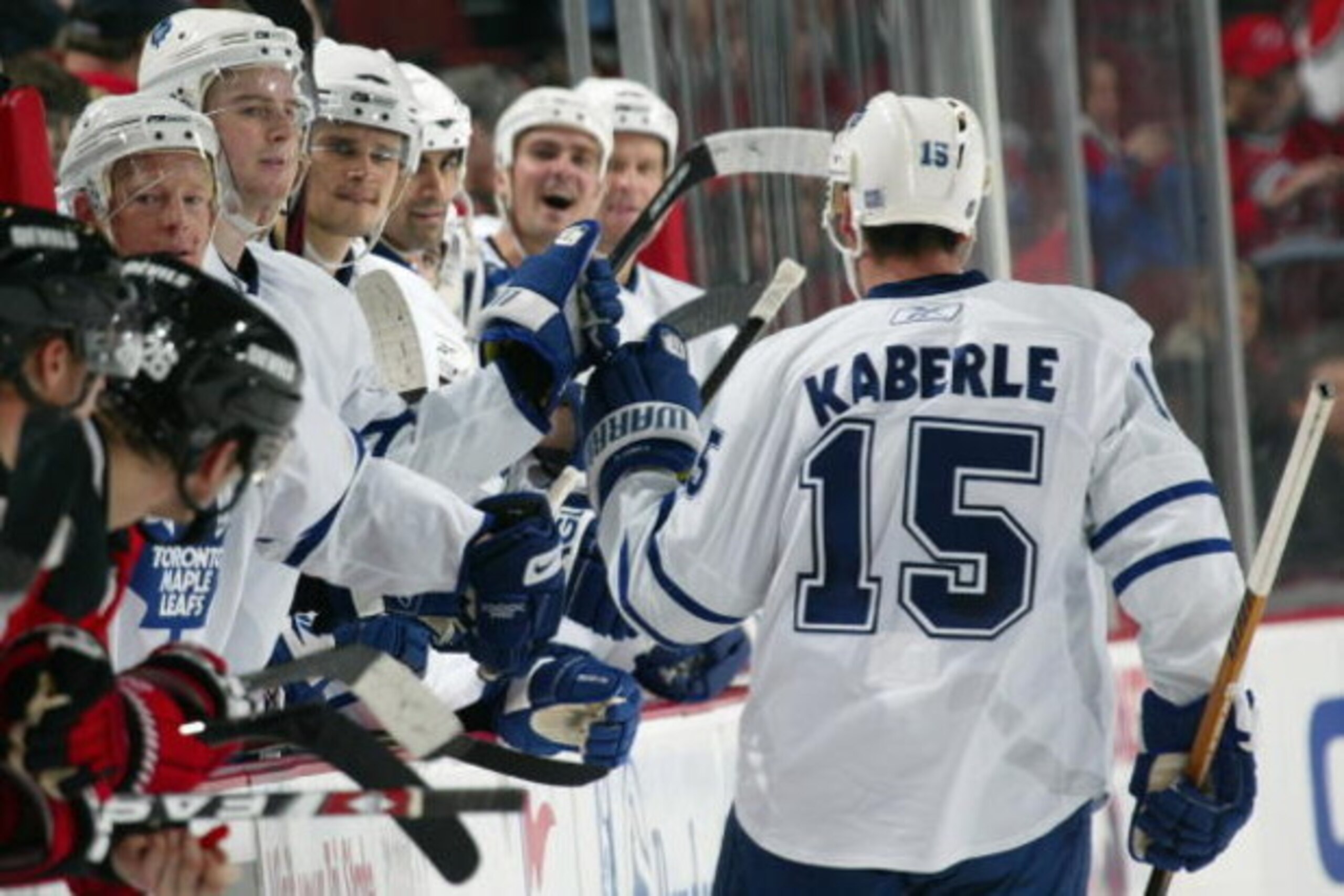 NEWARK, NJ - OCTOBER 29:  Tomas Kaberle #15 of the Toronto Maple Leafs skates to the bench during the game against the New Jersey Devils on October 29, 2008 at Prudential Center in Newark, New Jersey. (Photo by Bruce Bennett/Getty Images)