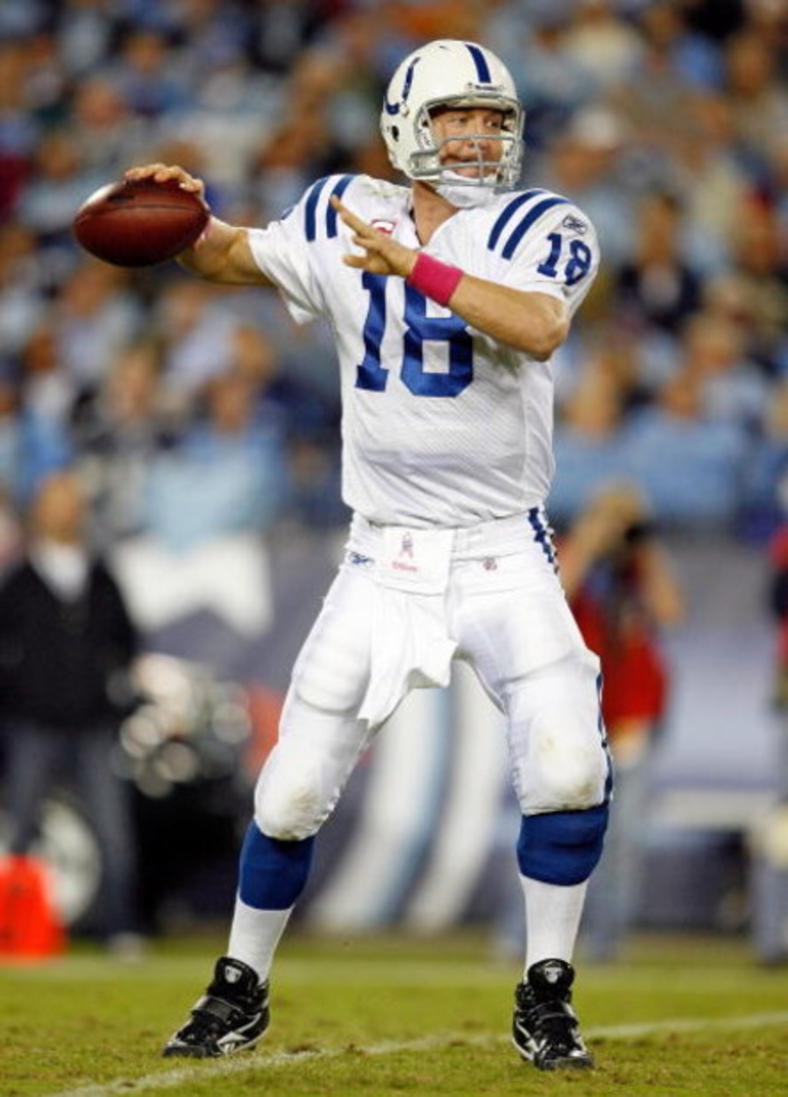 NASHVILLE, TN - OCTOBER 11: Peyton Manning #18 of the Indianapolis Colts throws the ball during the NFL game against the Tennessee Titans at LP Field on October 11, 2009 in Nashville, Tennessee. The Colts won 31-9. (Photo by Andy Lyons/Getty Images) NASHVILLE, TN - OCTOBER 11: Peyton Manning #18 of the Indianapolis Colts throws the ball during the NFL game against the Tennessee Titans at LP Field on October 11, 2009 in Nashville, Tennessee. The Colts won 31-9. (Photo by Andy Lyons/Getty Images)