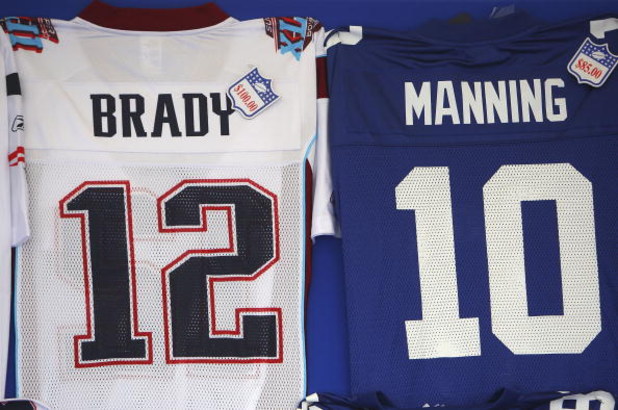 GLENDALE, AZ - FEBRUARY 03:  Jerseys are sold outside University of Phoenix Stadium before Super Bowl XLII between the New York Giants and the New England Patriots on February 3, 2008 in Glendale, Arizona.  (Photo by Donald Miralle/Getty Images)