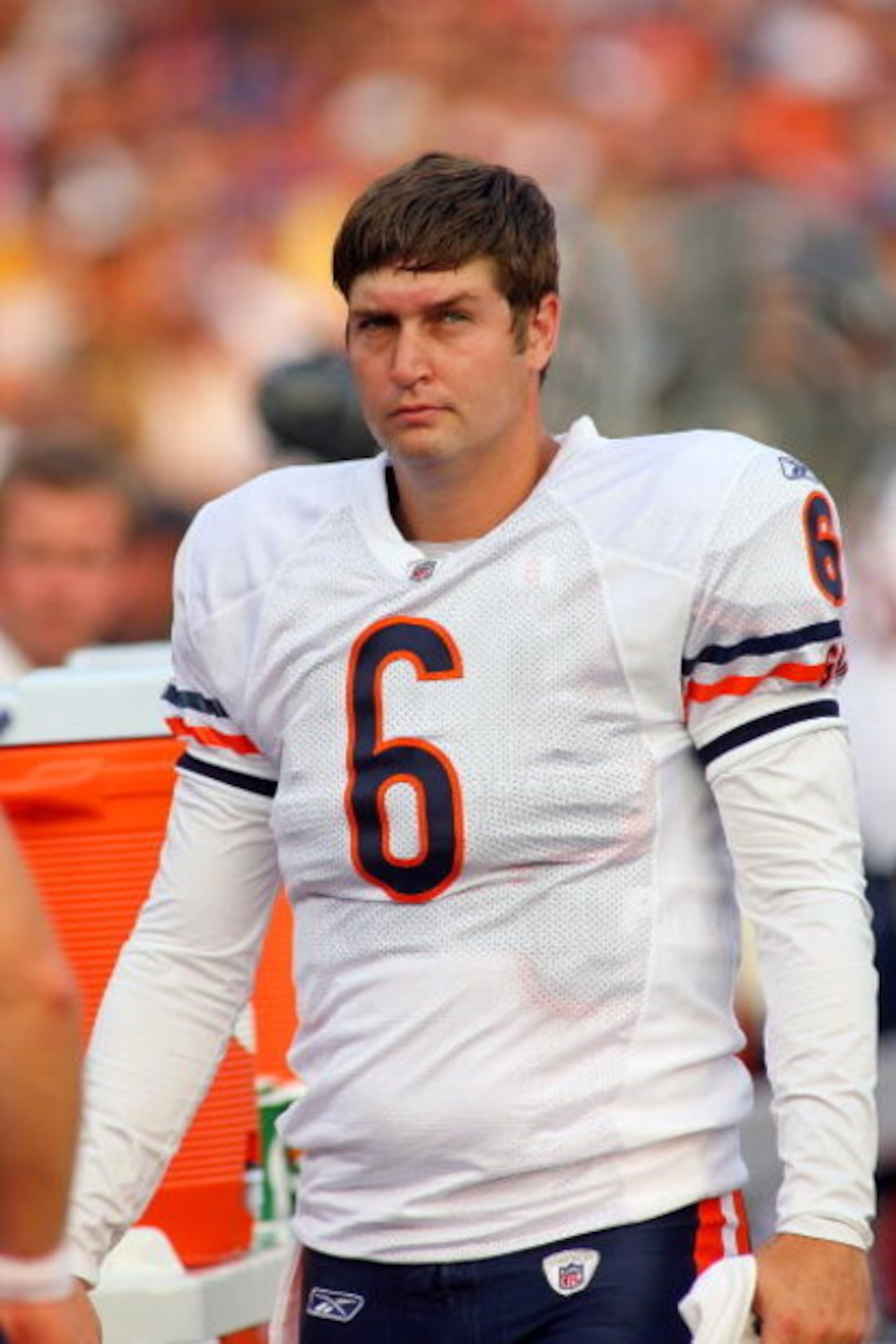 ORCHARD PARK, NY - AUGUST 15:  Jay Cutler #6 of the Chicago Bears walks in the bench area during play against the Buffalo Bills on August 15, 2009 at Ralph Wilson Stadium in Orchard Park, New York.  (Photo by Rick Stewart/Getty Images)
