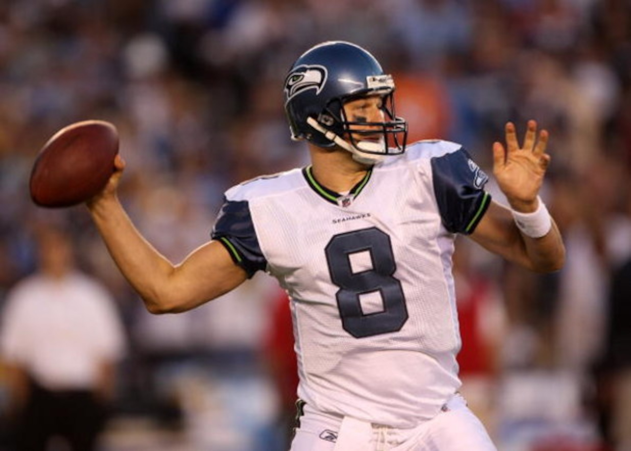 SAN DIEGO - AUGUST 15:  Quarterback Matt Hasselbeck #8 of the Seattle Seahawks throws a pass against the San Diego Chargers on August 15, 2009 at Qualcomm Stadium in San Diego, California.    (Photo by Stephen Dunn/Getty Images)