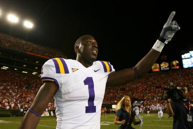 AUBURN, AL - SEPTEMBER 20: Wide receiver Brandon LaFell #1 of the LSU Tigers celebrates after defeating the Auburn Tigers at Jordan-Hare Stadium on September 20, 2008 in Auburn, Alabama. (Photo by Doug Benc/Getty Images)