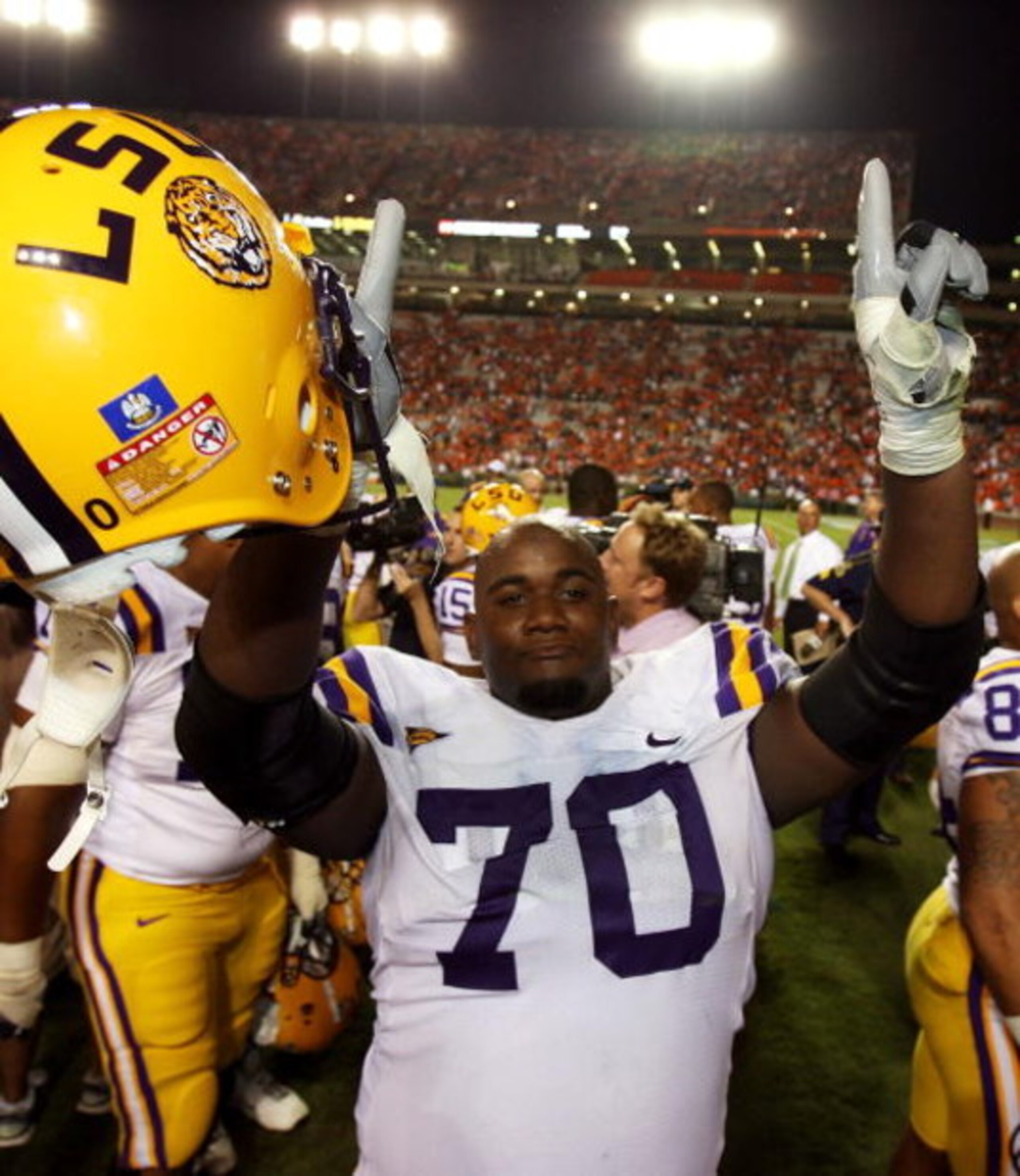 AUBURN, AL - SEPTEMBER 20: Offensive tackle Ciron Black #70 of the LSU Tigers celebrates after defeating the Auburn Tigers at Jordan-Hare Stadium on September 20, 2008 in Auburn, Alabama. (Photo by Doug Benc/Getty Images)