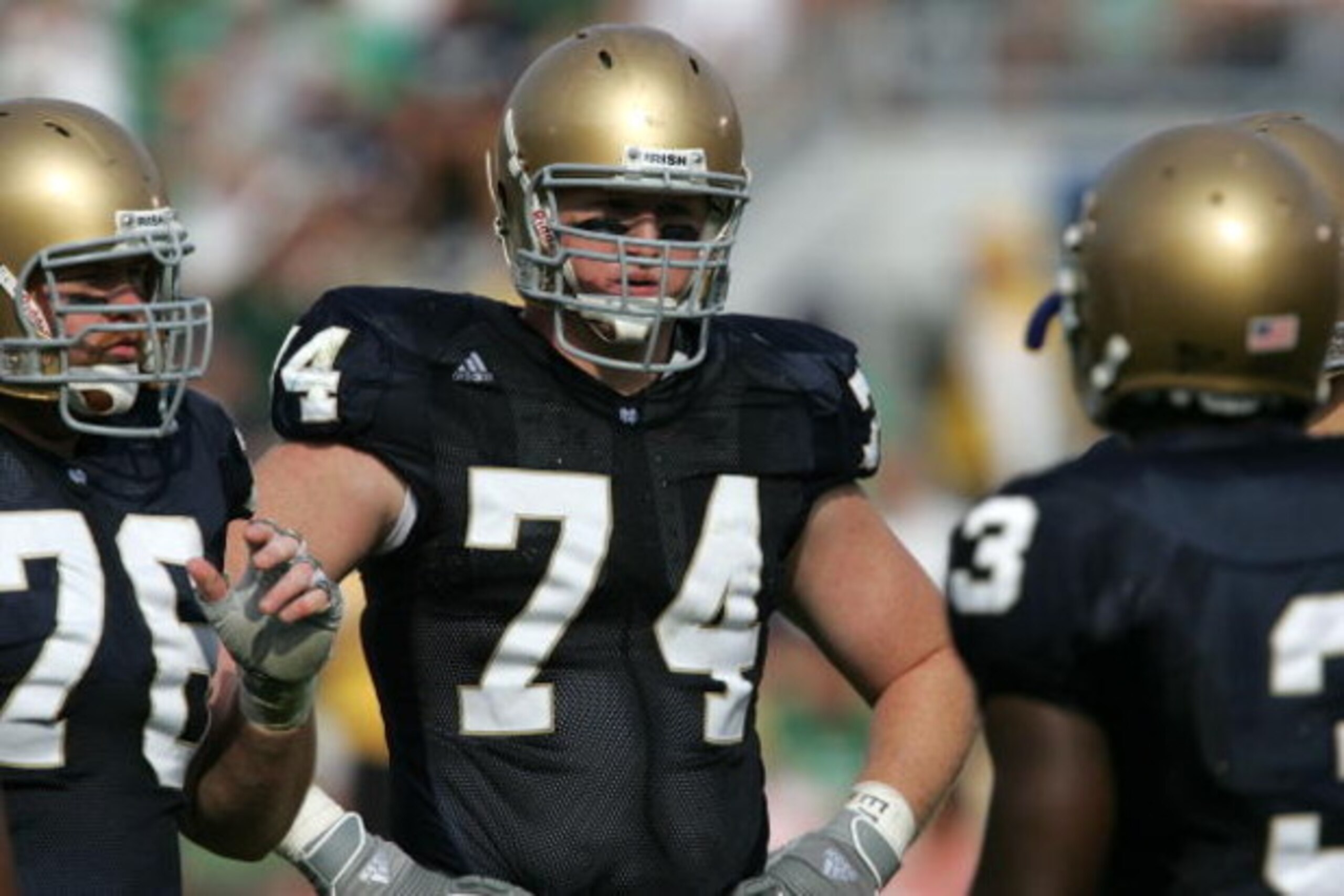 SOUTH BEND, IN - SEPTEMBER 16:  Right offensive tackle Sam Young #74 of the Notre Dame Fighting Irish is seen on the field against of the Michigan Wolverines September 16, 2006 at Notre Dame Stadium in South Bend, Indiana. Michicagn won 47-21. (Photo by J