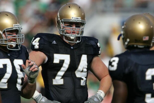 SOUTH BEND, IN - SEPTEMBER 16:  Right offensive tackle Sam Young #74 of the Notre Dame Fighting Irish is seen on the field against of the Michigan Wolverines September 16, 2006 at Notre Dame Stadium in South Bend, Indiana. Michicagn won 47-21. (Photo by J
