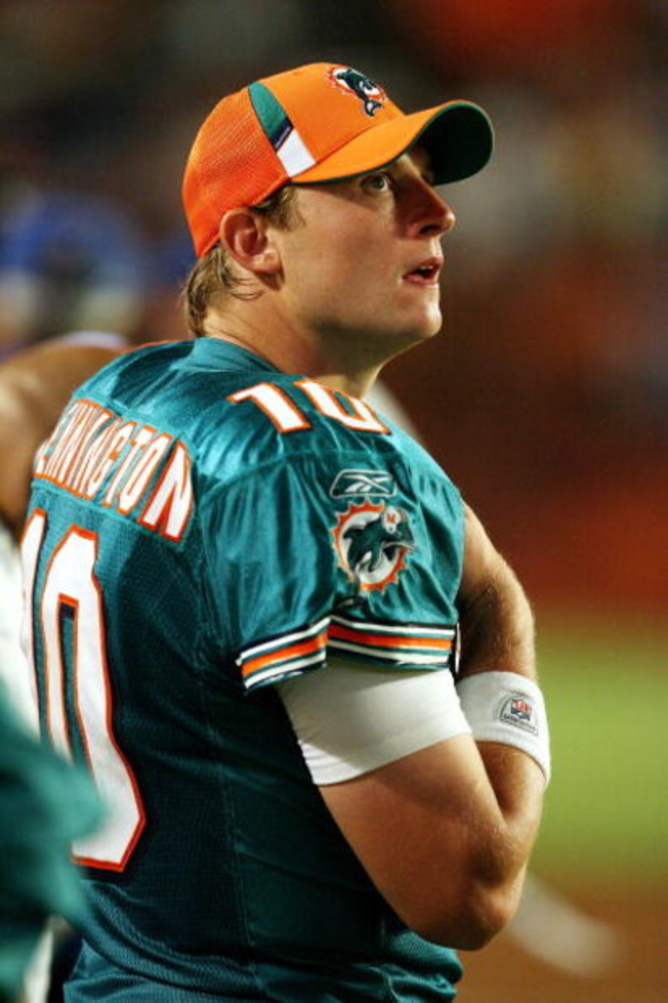 MIAMI - AUGUST 22:  Quarterback Chad Pennington #10 of the Miami Dolphins watches from the sidelines as his team takes on the Carolina Panthers during a pre-season game at Land Shark Stadium on August 22, 2009 in Miami, Florida. The Dolphins defeated the 