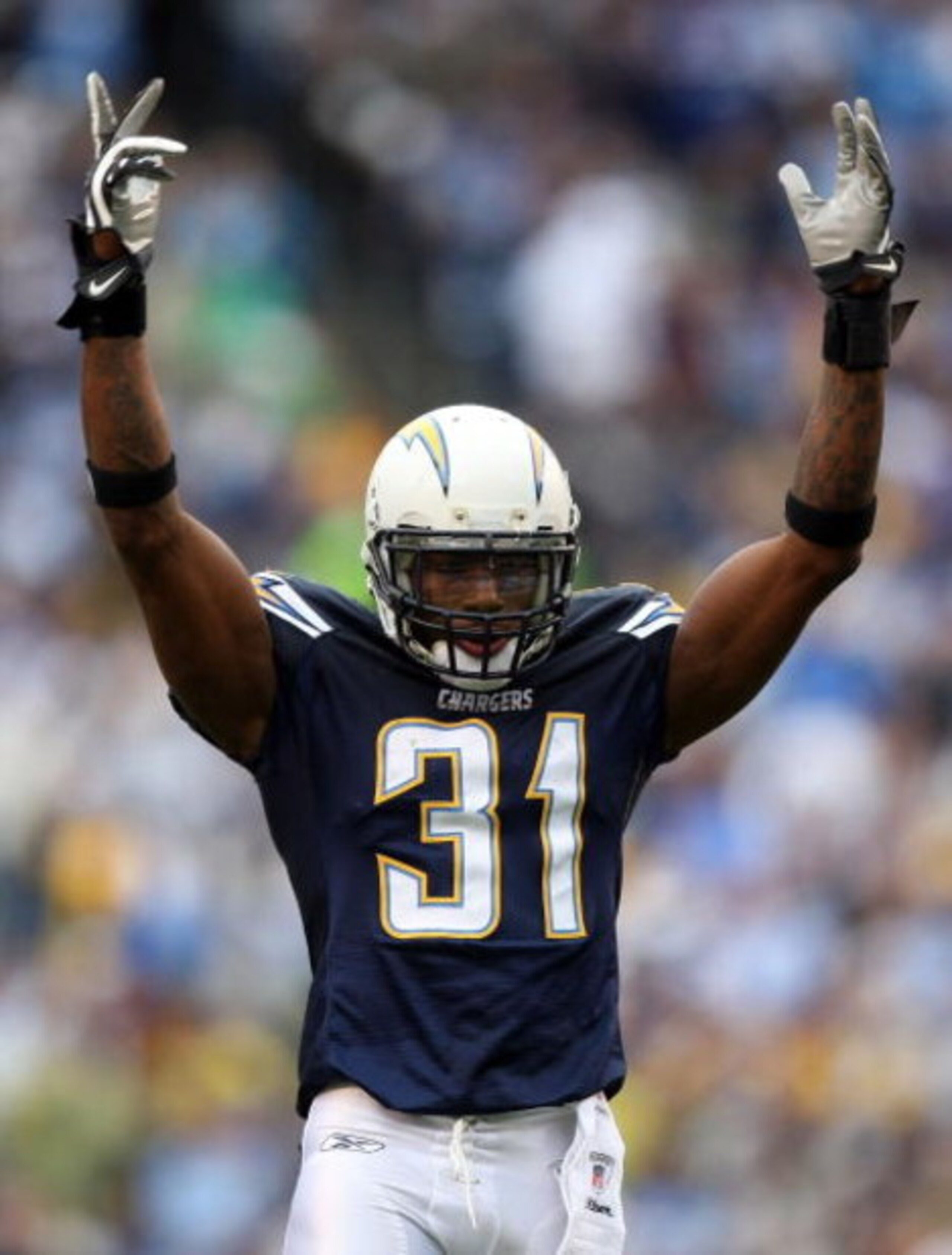 SAN DIEGO - JANUARY 06:  Antonio Cromartie #31 of the San Diego Chargers celebrates after a defensive play during their AFC Wild Card Playoff Game against  the Tennessee Titans at Qualcomm Stadium on January 6, 2008 in San Diego, California.  The Chargers