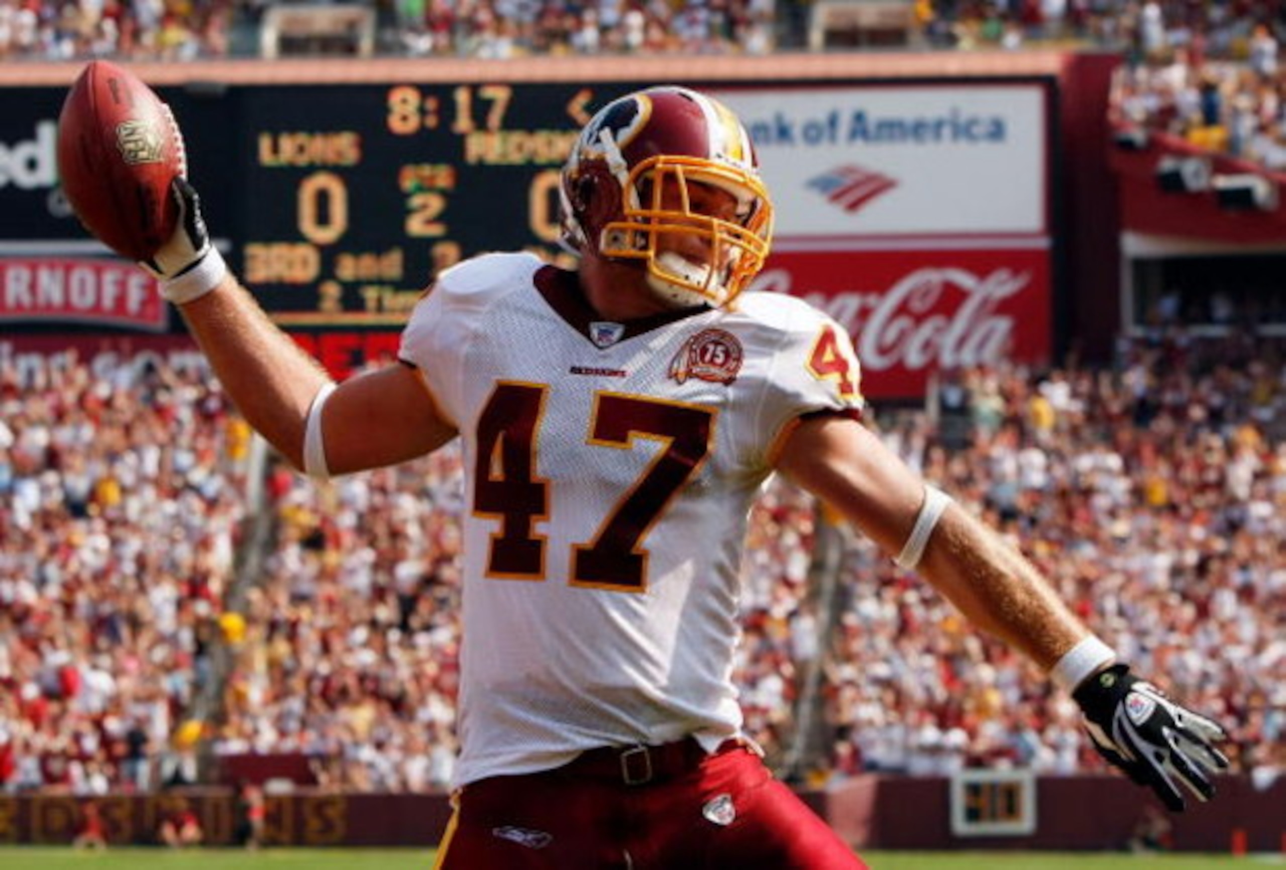 LANDOVER, MD - OCTOBER 07:  Tight end Chris Cooley #47 of the Washington Redskins celebrates after scoring a touchdown in second quarter action against the Detroit Lions at FedEx Field October 7, 2007 in Landover, Maryland.  (Photo by Win McNamee/Getty Im