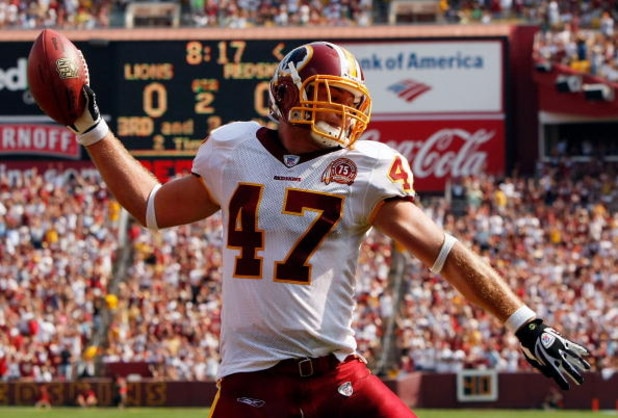LANDOVER, MD - OCTOBER 07:  Tight end Chris Cooley #47 of the Washington Redskins celebrates after scoring a touchdown in second quarter action against the Detroit Lions at FedEx Field October 7, 2007 in Landover, Maryland.  (Photo by Win McNamee/Getty Im