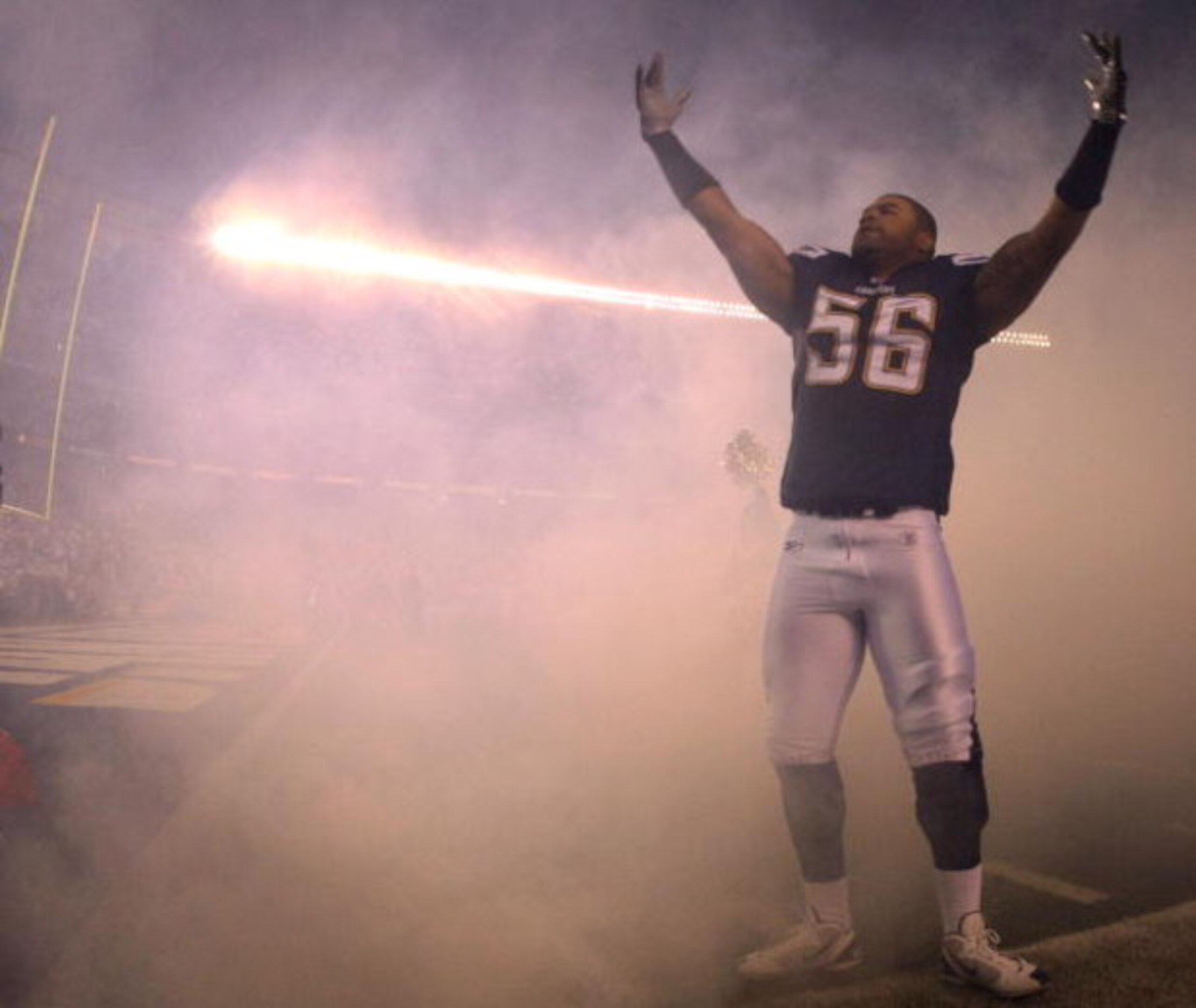 SAN DIEGO - DECEMBER 24: Shawne Merriman #56 of the San Diego Chargers enters the game against the Denver Broncos during the first half of their NFL game at Qualcomm Stadium December 24, 2007 in San Diego, California. (Photo by Donald Miralle/Getty Imag SAN DIEGO - DECEMBER 24: Shawne Merriman #56 of the San Diego Chargers enters the game against the Denver Broncos during the first half of their NFL game at Qualcomm Stadium December 24, 2007 in San Diego, California. (Photo by Donald Miralle/Getty Imag