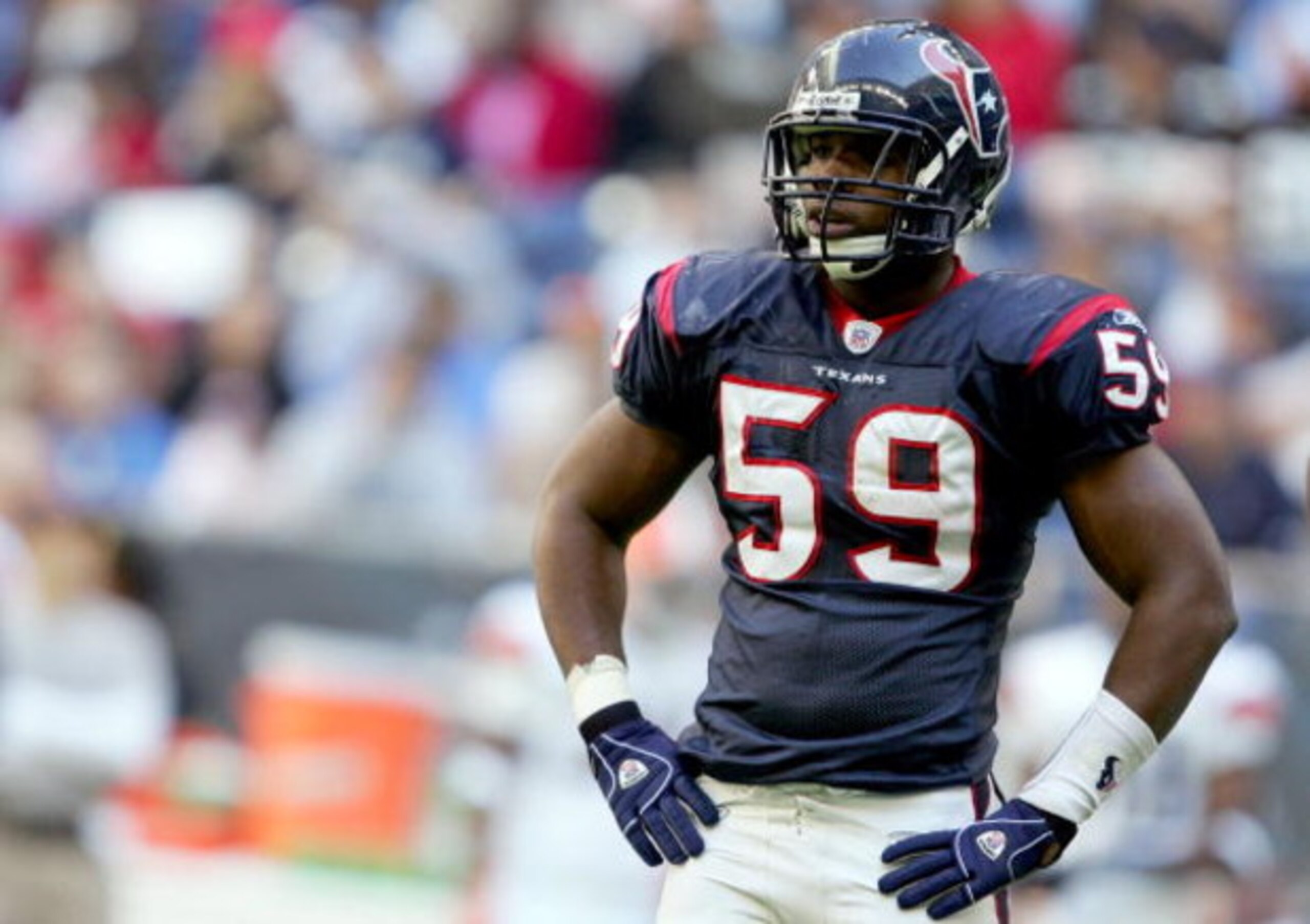 HOUSTON, TX - DECEMBER 31: DeMeco Ryans #59 of the Houston Texans looks on aganist the Cleveland Browns on December 31, 2006 at Reliant Stadium in Houston, Texas. The Texans defeated the Browns 14-6. (Photo by Lisa Blumenfeld/Getty Images) HOUSTON, TX - DECEMBER 31: DeMeco Ryans #59 of the Houston Texans looks on aganist the Cleveland Browns on December 31, 2006 at Reliant Stadium in Houston, Texas. The Texans defeated the Browns 14-6. (Photo by Lisa Blumenfeld/Getty Images)