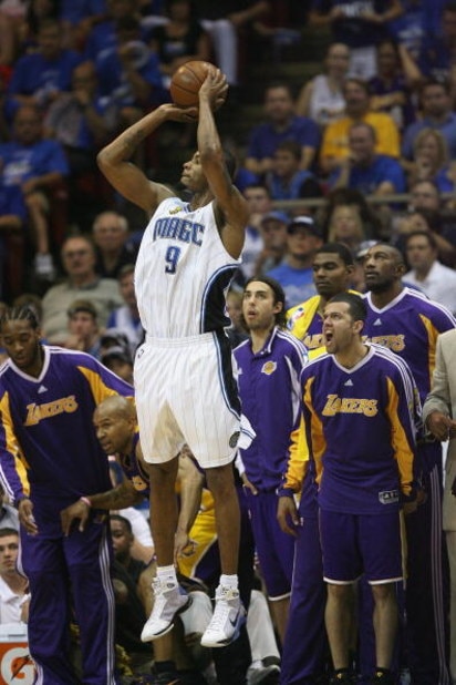ORLANDO, FL - JUNE 14:  Rashard Lewis #9 of the Orlando Magic takes a jump shot against the Los Angeles Lakers in Game Five of the 2009 NBA Finals on June 14, 2009 at Amway Arena in Orlando, Florida. The Lakers won 99-86. NOTE TO USER:  User expressly ack