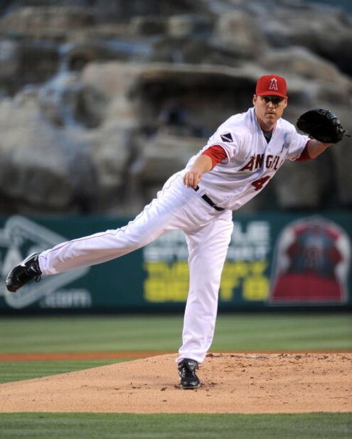 ANAHEIM, CA - AUGUST 25:  John Lackey #41 of the Los Angeles Angels of Anaheim pitches during the first inning at Angel Stadium of Anaheim on August 25, 2009 in Anaheim, California.  (Photo by Harry How/Getty Images)