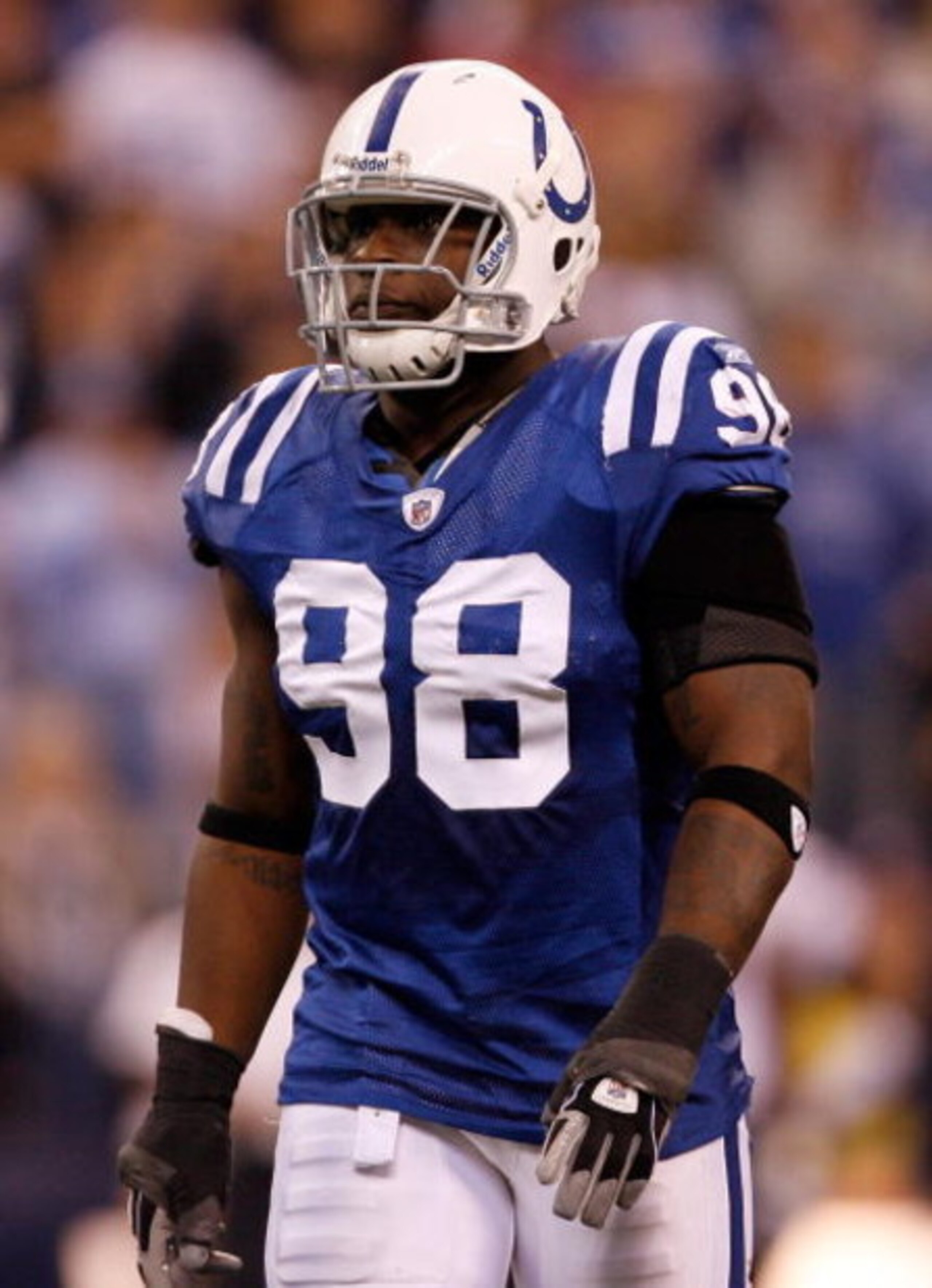 INDIANAPOLIS - NOVEMBER 16: Robert Mathis #98 of the Indianapolis Colts waits for play against the Houston Texans during the game at Lucas Oil Stadium on November 17, 2008 in Indianapolis, Indiana. (Photo by Harry How/Getty Images) INDIANAPOLIS - NOVEMBER 16: Robert Mathis #98 of the Indianapolis Colts waits for play against the Houston Texans during the game at Lucas Oil Stadium on November 17, 2008 in Indianapolis, Indiana. (Photo by Harry How/Getty Images)
