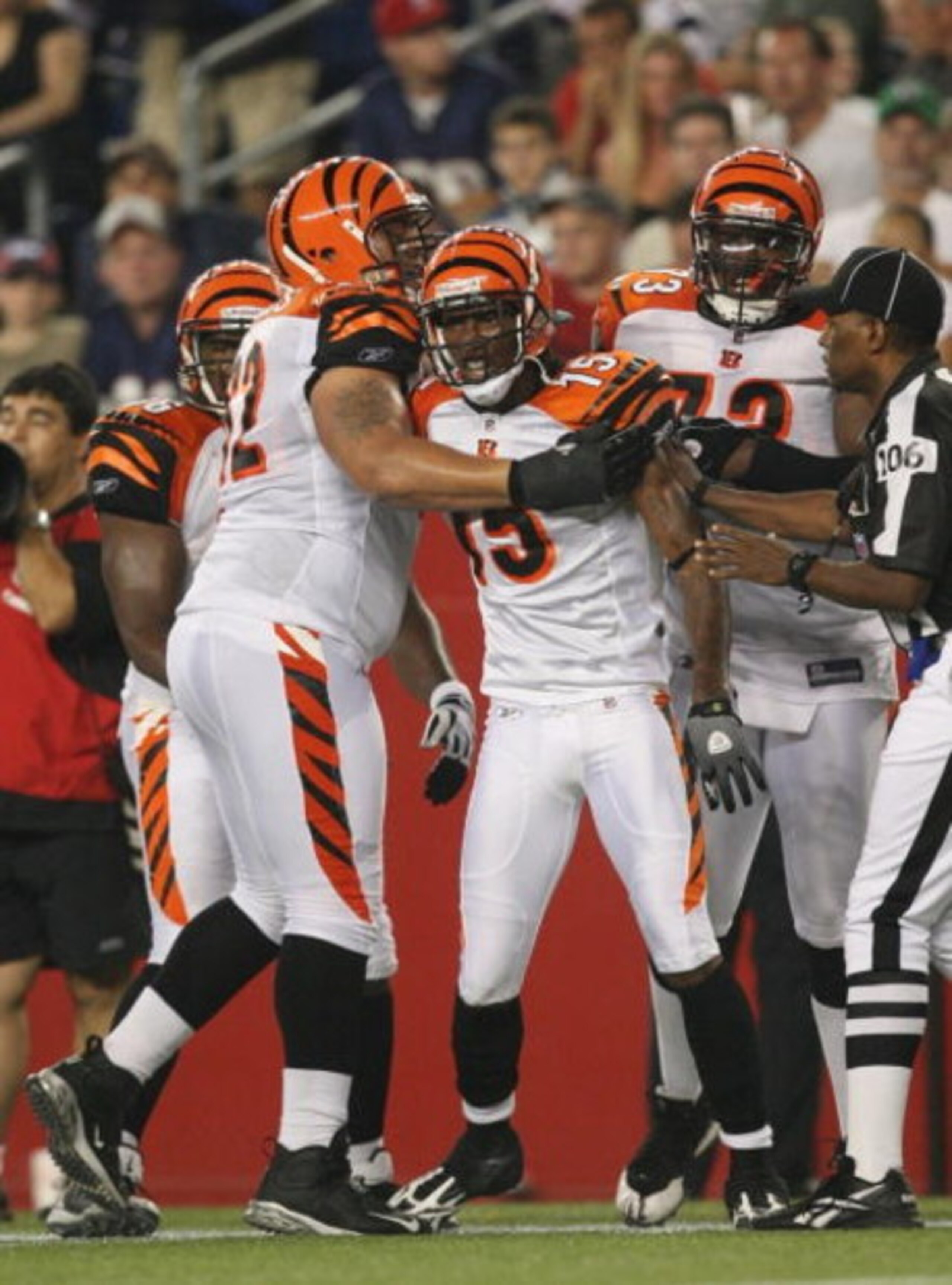 FOXBORO, MA - AUGUST 20:  Chris Henry #15 of the Cincinnati Bengals celebrates with his teammates after he scored on a 24-yard touchdown reception in the second quarter against the New England Patriots during their preseason game at Gillette Stadium on Au