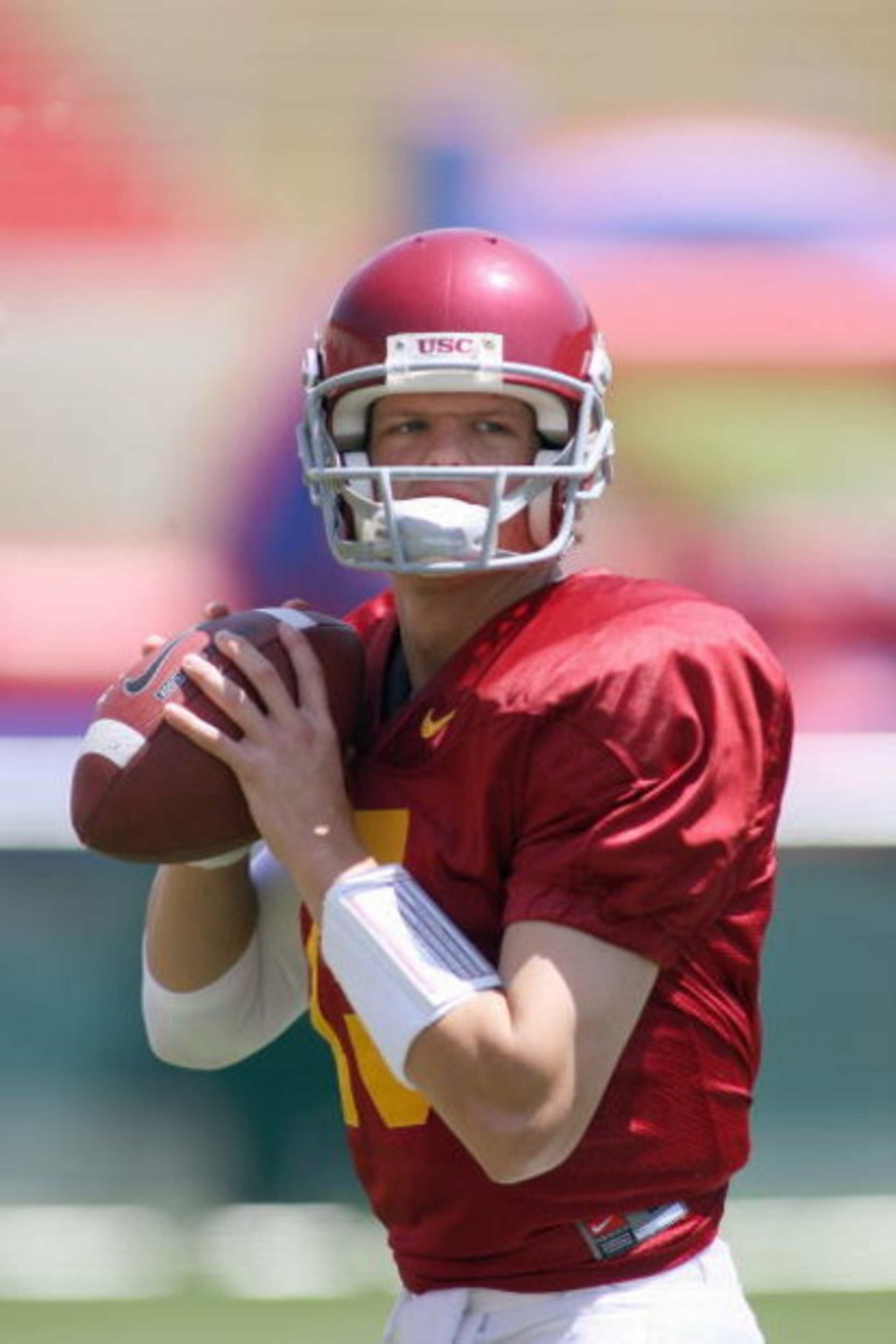 LOS ANGELES, CA - APRIL 25: Quarterback Aaron Corp #15 of the USC Trojans looks on during the spring game on April 25, 2009 at the Los Angeles Memorial Coliseum in Los Angeles, California.  The cardinal team won 16-10.  (Photo by Jeff Golden/Getty Images)