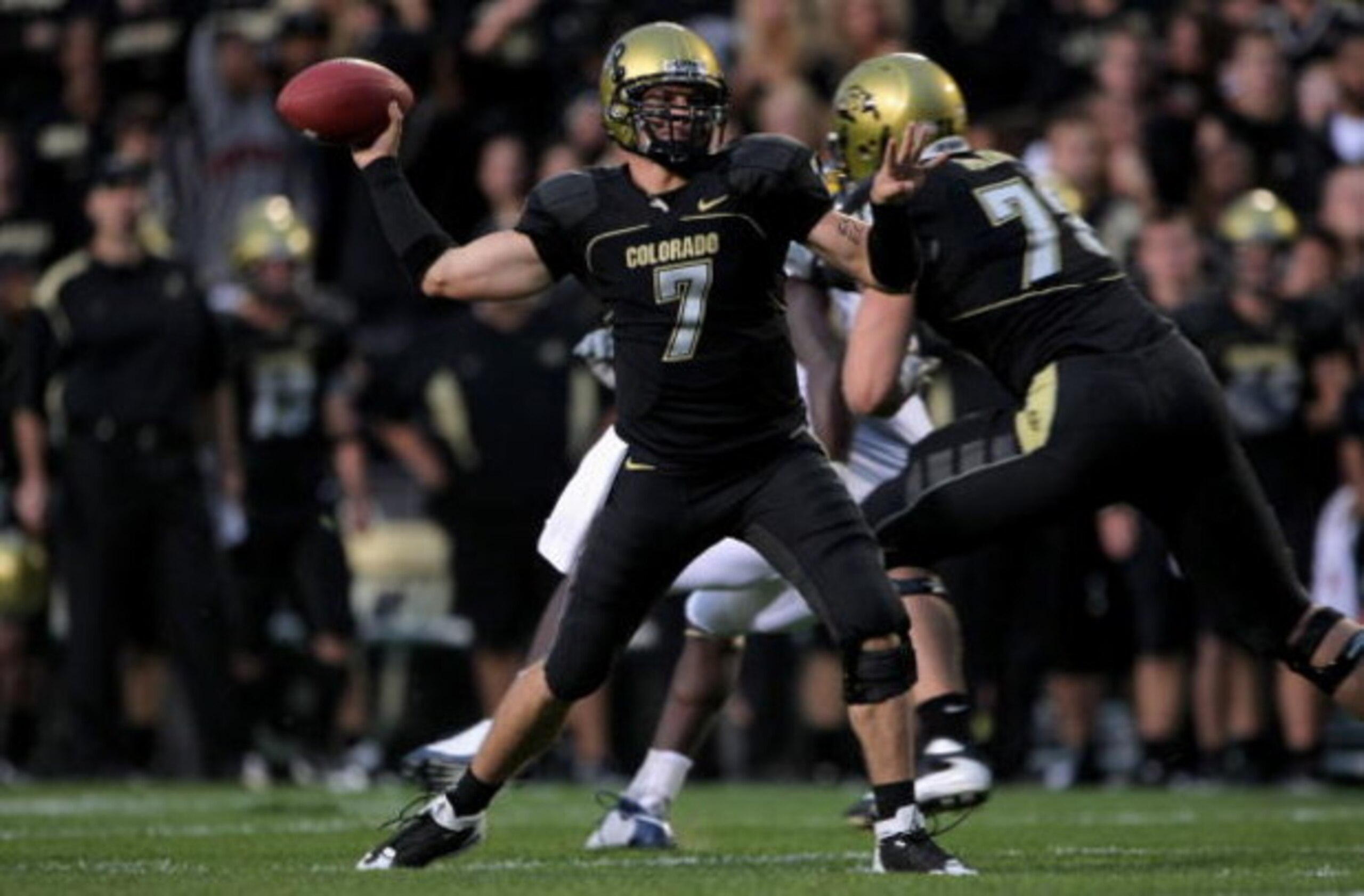BOULDER, CO - SEPTEMBER 18:  Quarterback Cody Hawkins #7 of the Colorado Buffaloes delivers a pass against the West Virginia Mountaineers at Folsom Field on September 18, 2008 in Boulder, Colorado. Colorado defeated West Virginia 17-14.  (Photo by Doug Pe
