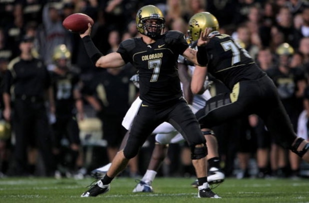 BOULDER, CO - SEPTEMBER 18:  Quarterback Cody Hawkins #7 of the Colorado Buffaloes delivers a pass against the West Virginia Mountaineers at Folsom Field on September 18, 2008 in Boulder, Colorado. Colorado defeated West Virginia 17-14.  (Photo by Doug Pe